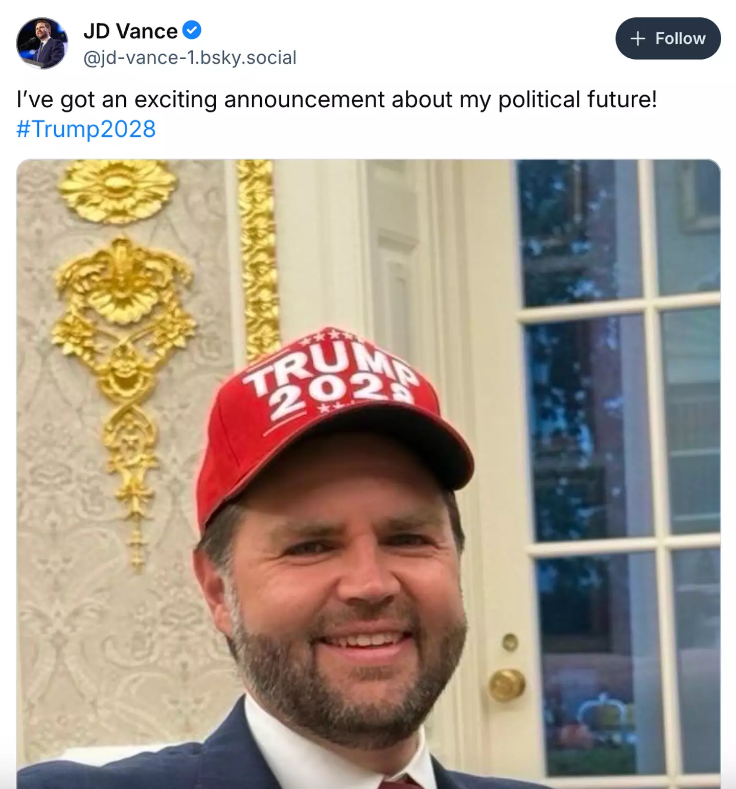 Vance took to social media to make the 'exciting announcement' about his 'political future' (Bluesky/JD Vance)