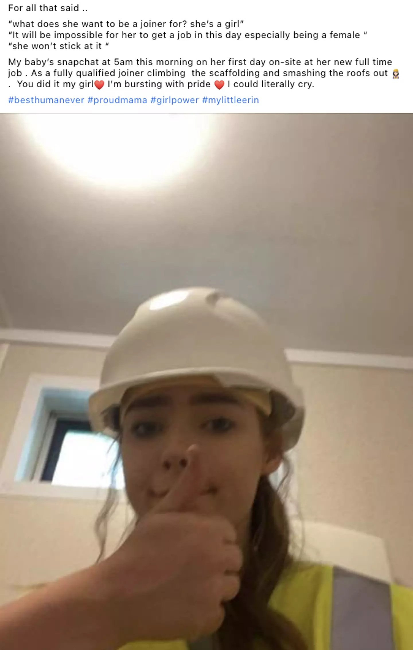 The woman shared an image of her daughter on her first day on-site (