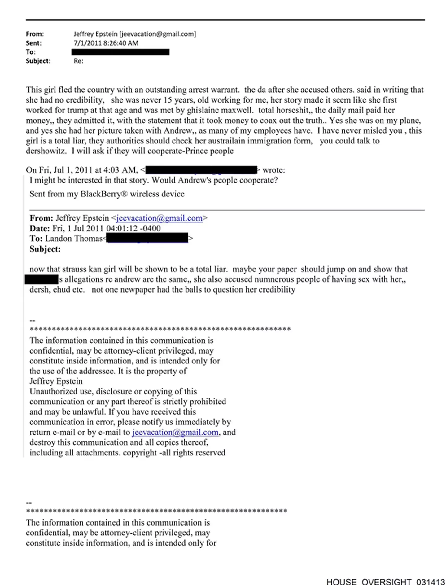 It is not clear if Epstein was writing about Virginia Giuffre (PA)