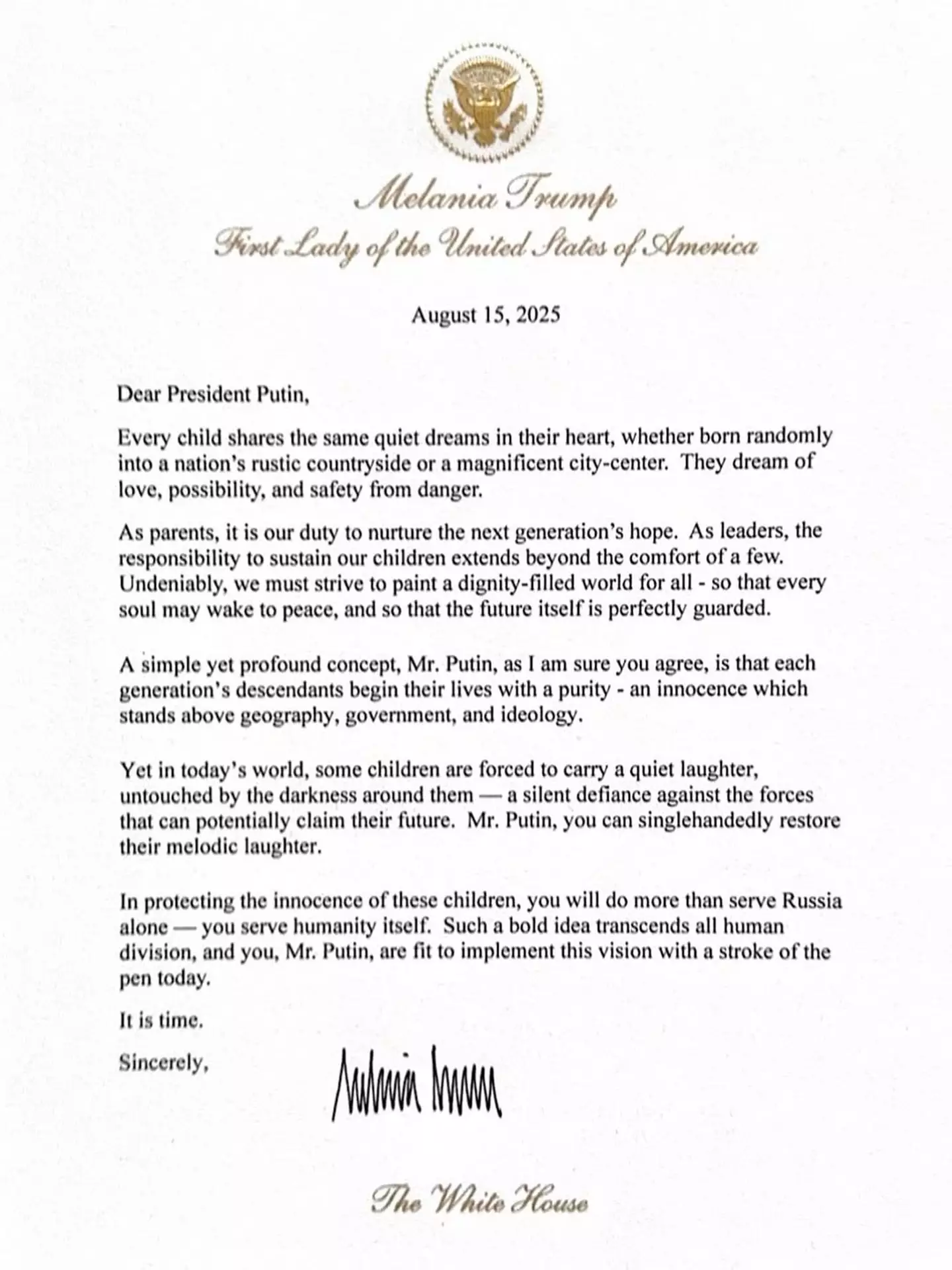 Melania Trump implored Vladimir Putin to put a stop to the Russia-Ukraine war (Instagram/@flotus)