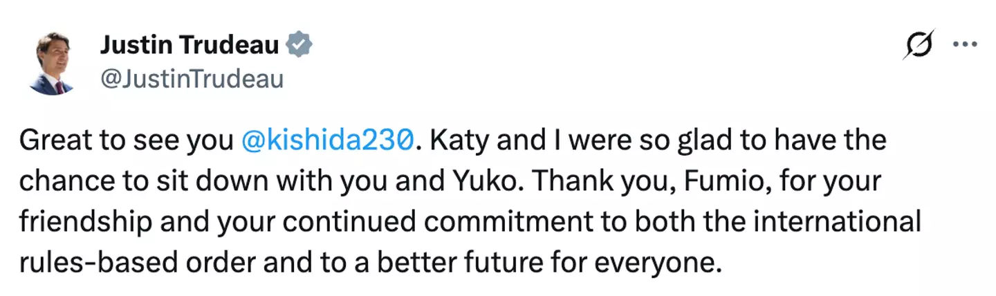 Katy was referred to as Trudeau's 'partner' in the X post (X/@JustinTrudeau)