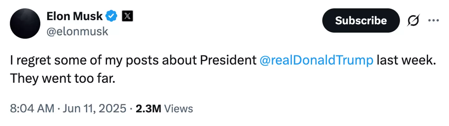 Musk admitted some of his posts went a little 'too far' (X/@elonmusk)