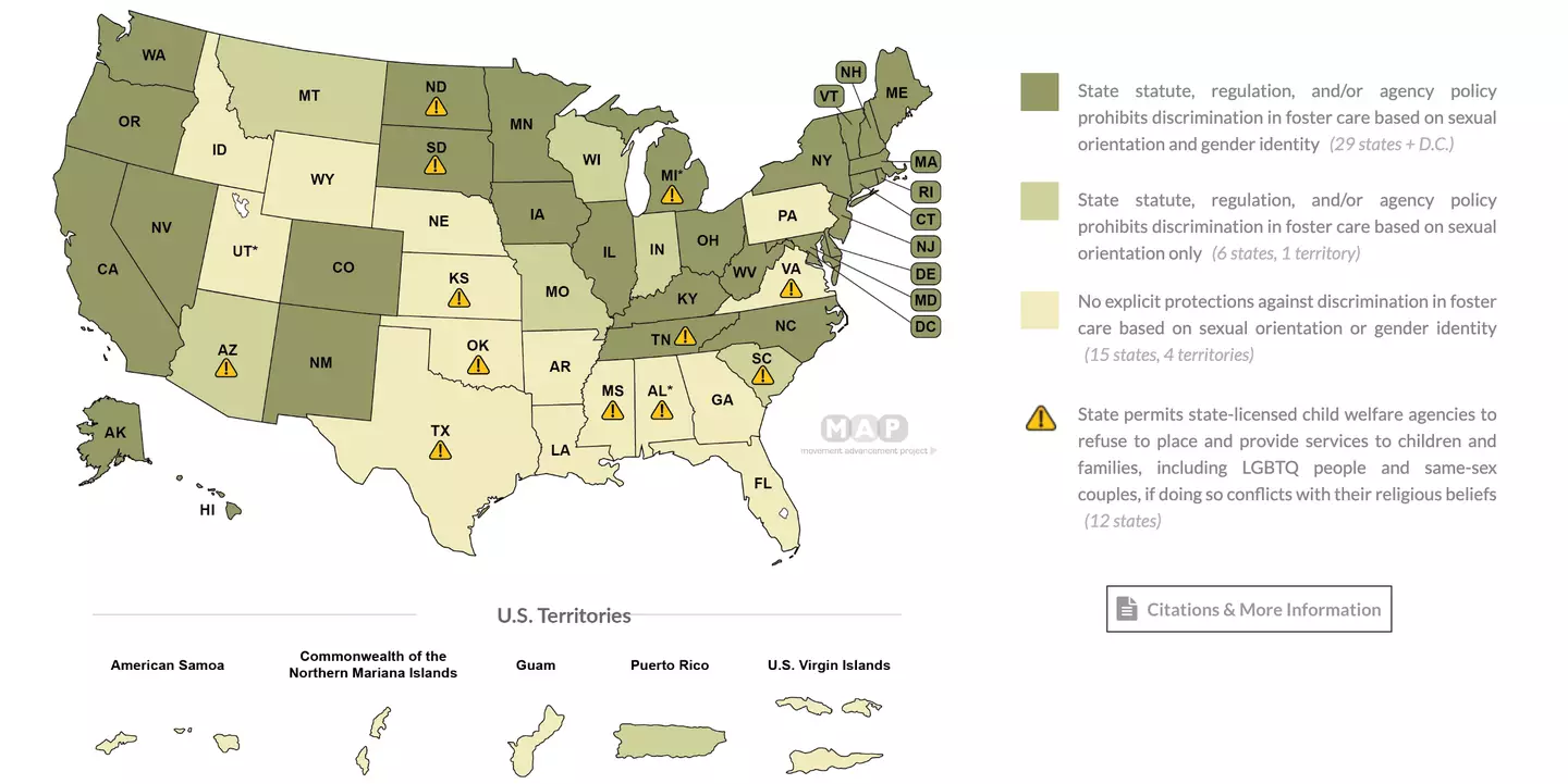 In 12 states the 'state permits state-licensed child welfare agencies to refuse to place and provide services to children and families, including LGBTQ people and same-sex couples, if doing so conflicts with their religious beliefs.