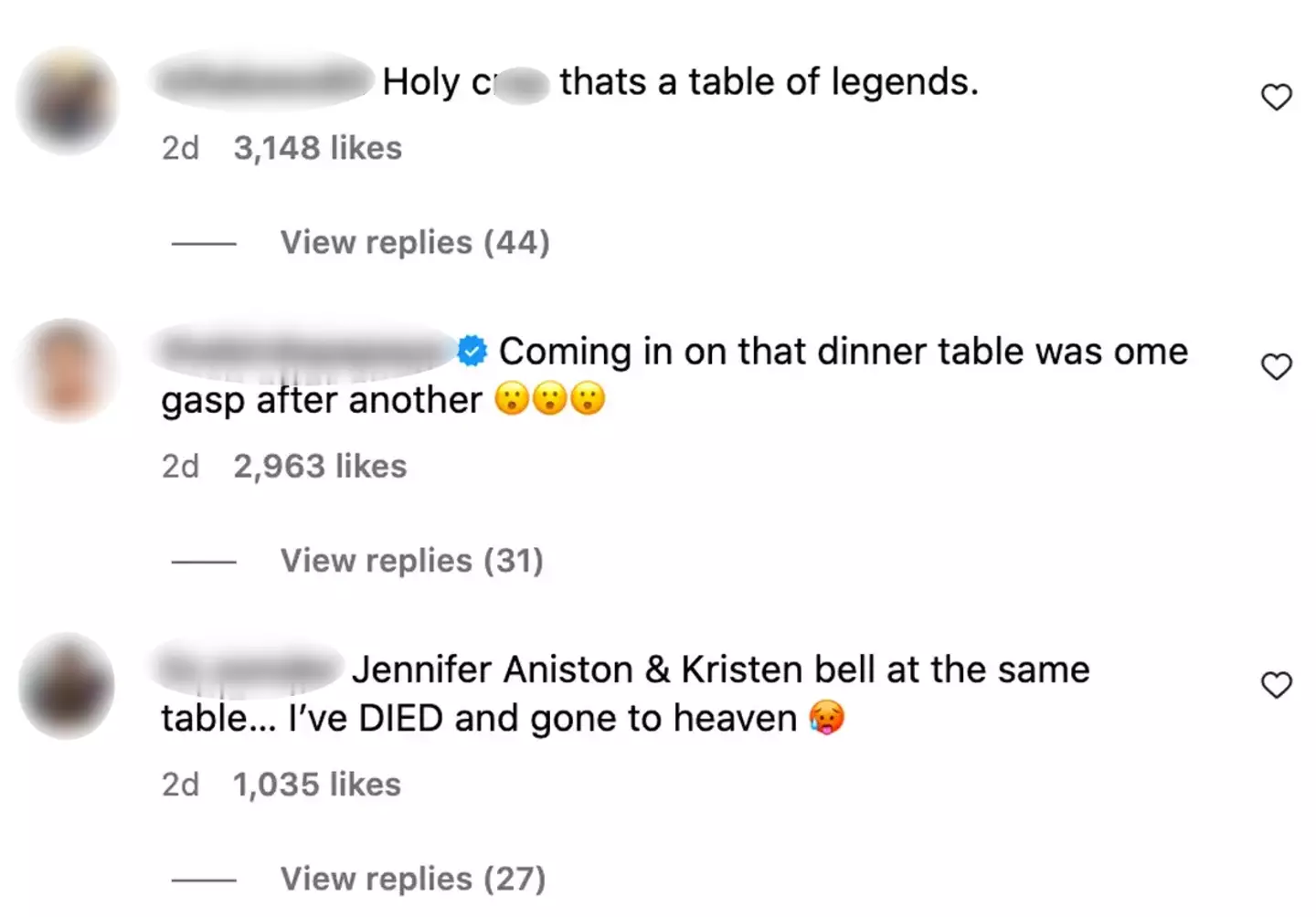 People couldn't get over the amount of celebs at the table (Instagram/@kristenanniebell)