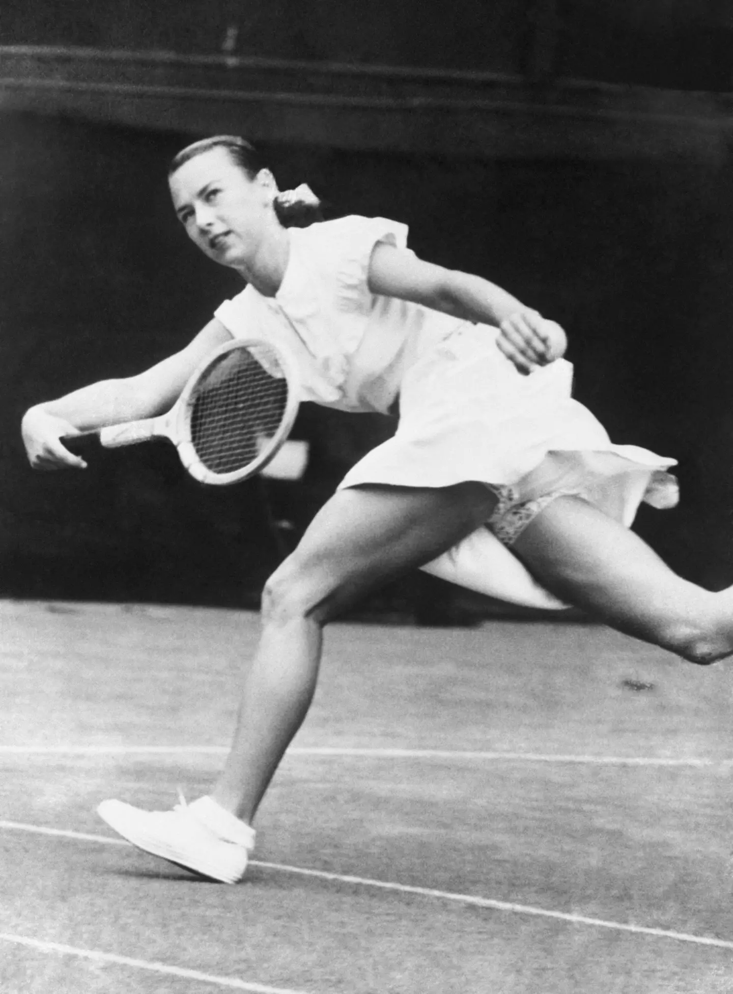 American tennis player, Gussie Moran, wore Tinling's controversial lace-trimmed undershorts during her Ladies' Doubles final in 1949 (Bettmann)
