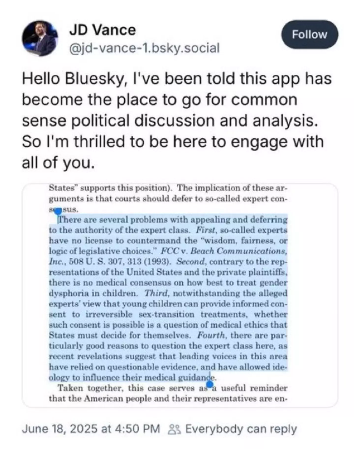 Vance shared his first Bluesky message last night (Bluesky)