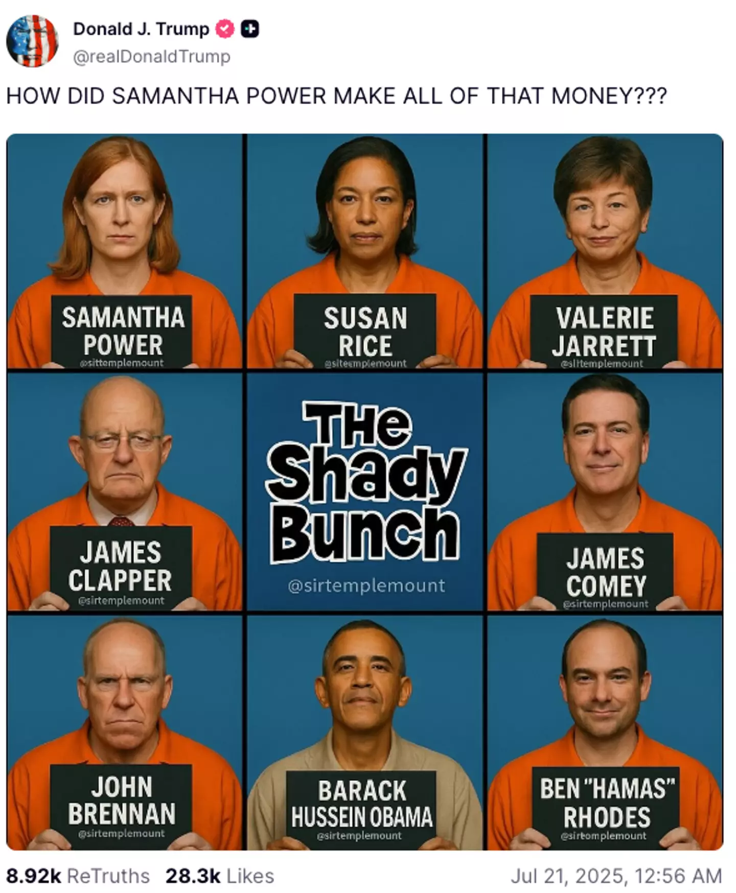 Trump used AI to create mugshots of Obama's cabinet members (Truth Social/@realDonaldTrump)