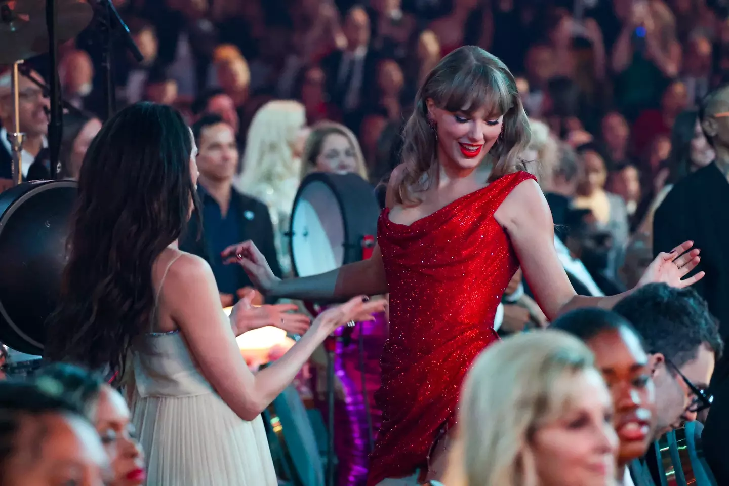 Taylor Swift danced to Sabrina Carpenter's hit song 'Please Please Please' (Kevin Mazur/Getty Images for The Recording Academy)