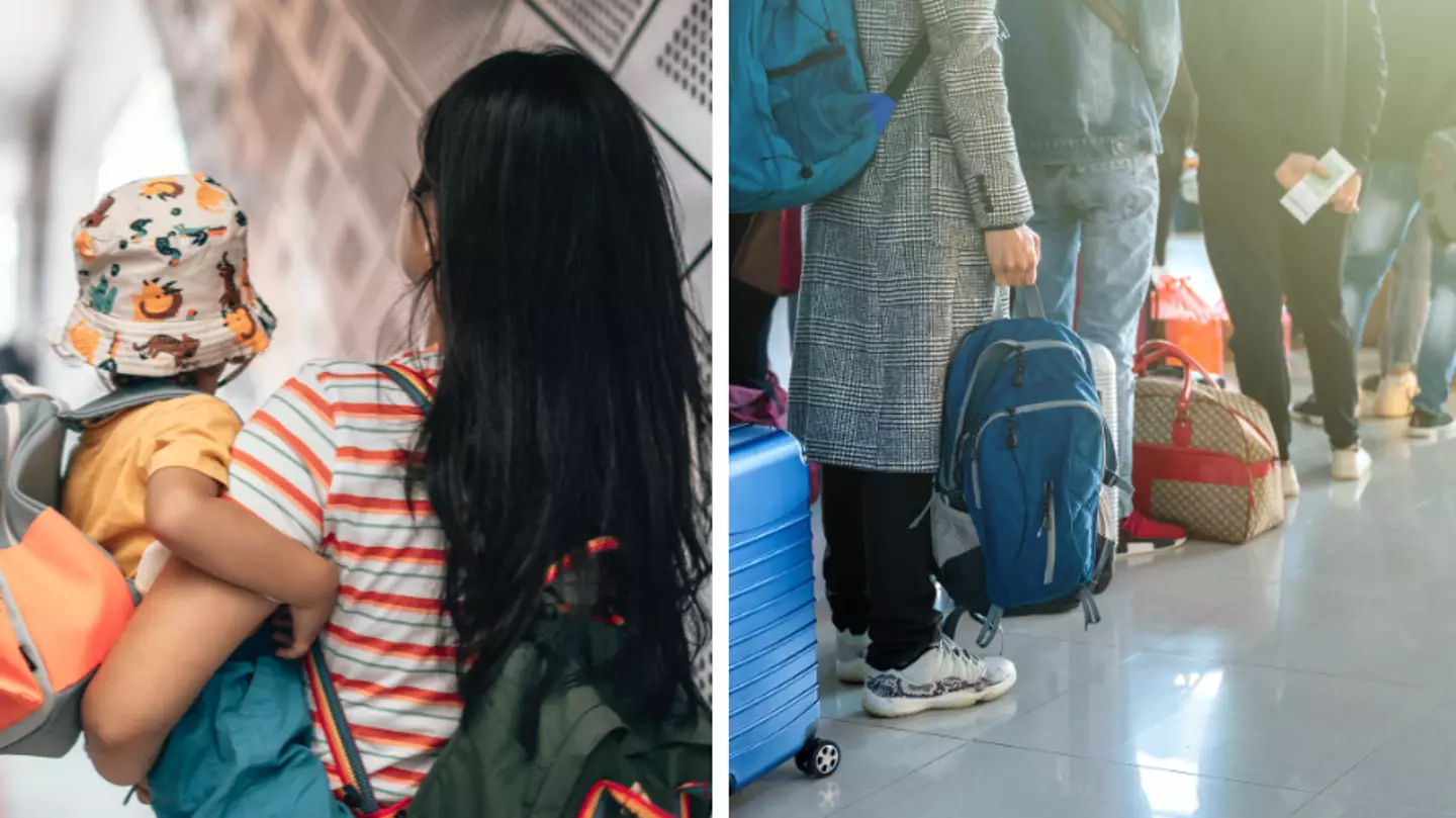 Mum divides opinion after skipping to front of long airport queue with her baby