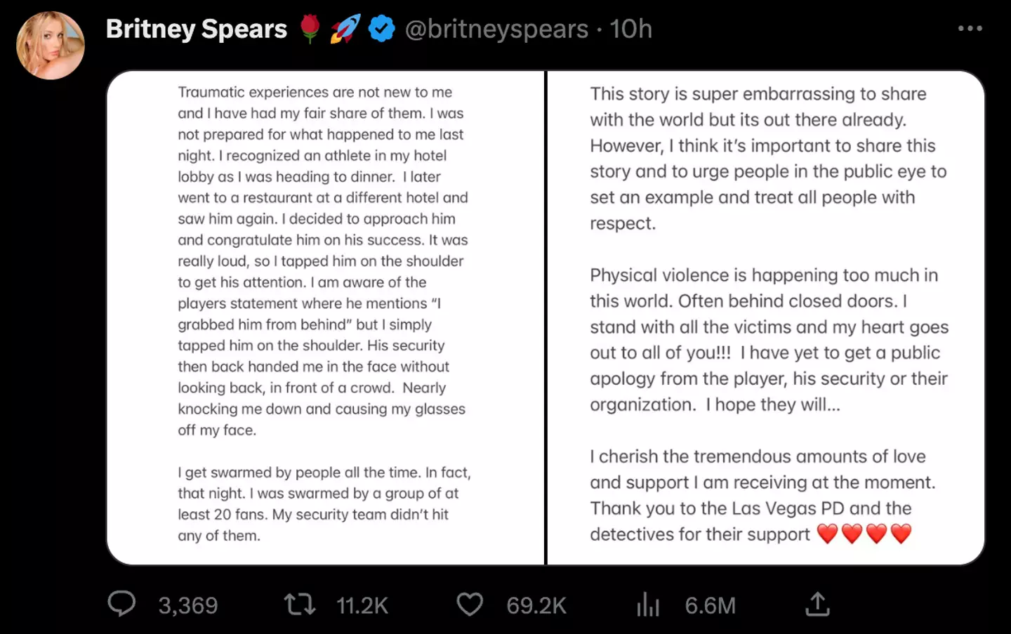 Spears responded to the NBA's star's account of the incident with a statement posted to Twitter.
