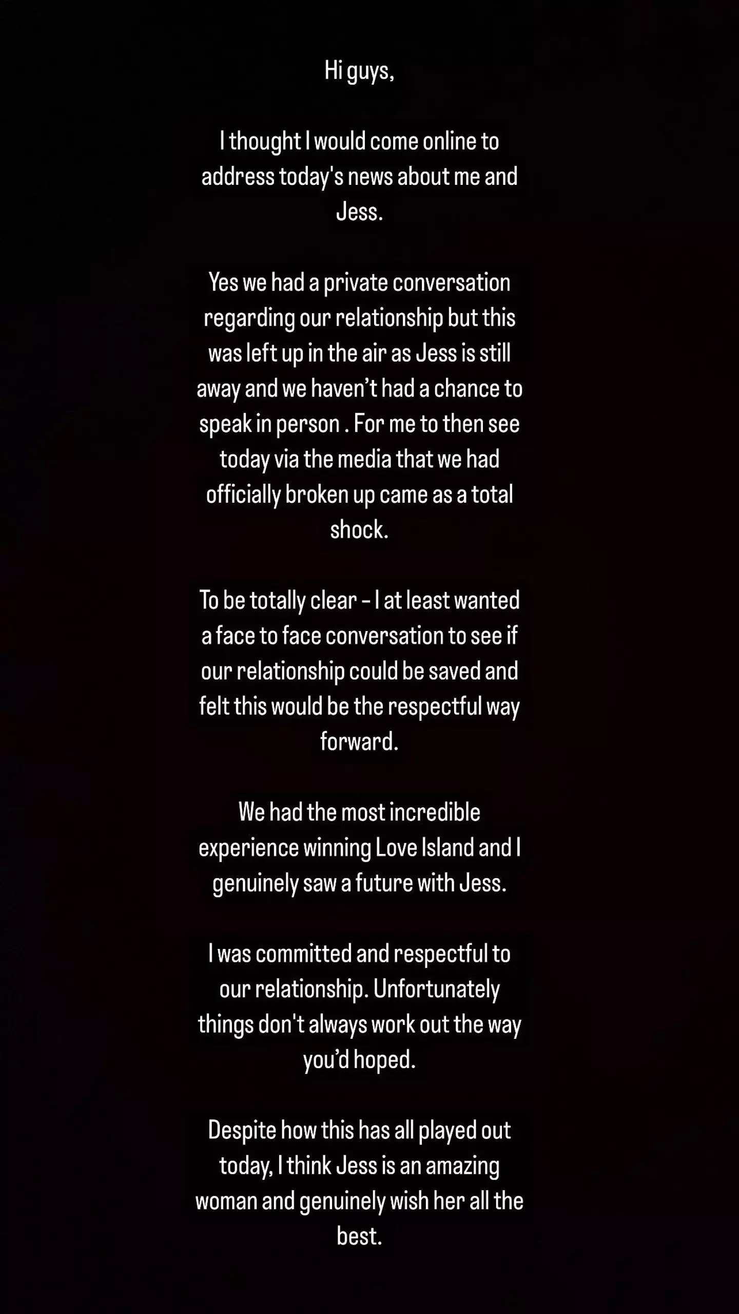 Sammy shared a statement on the matter to his Instagram story yesterday (3 October).