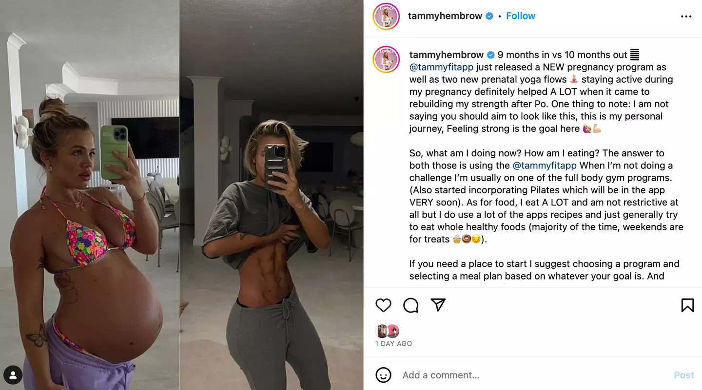 Tammy Hembrow shared the before and after pictures on Instagram.