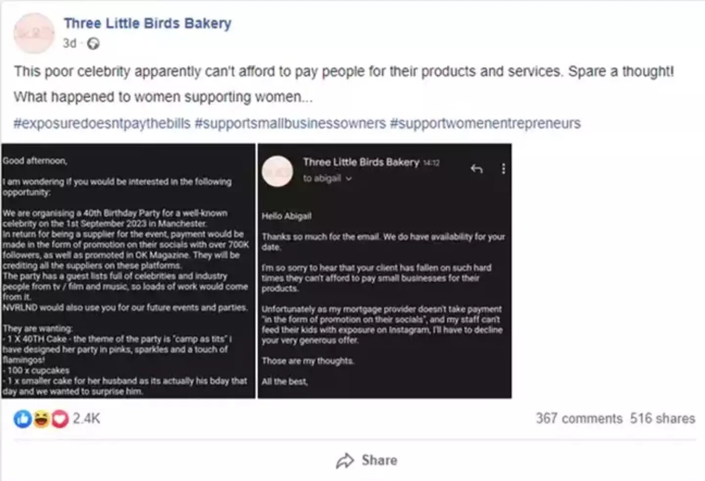 The Bradford bakery called out the company.