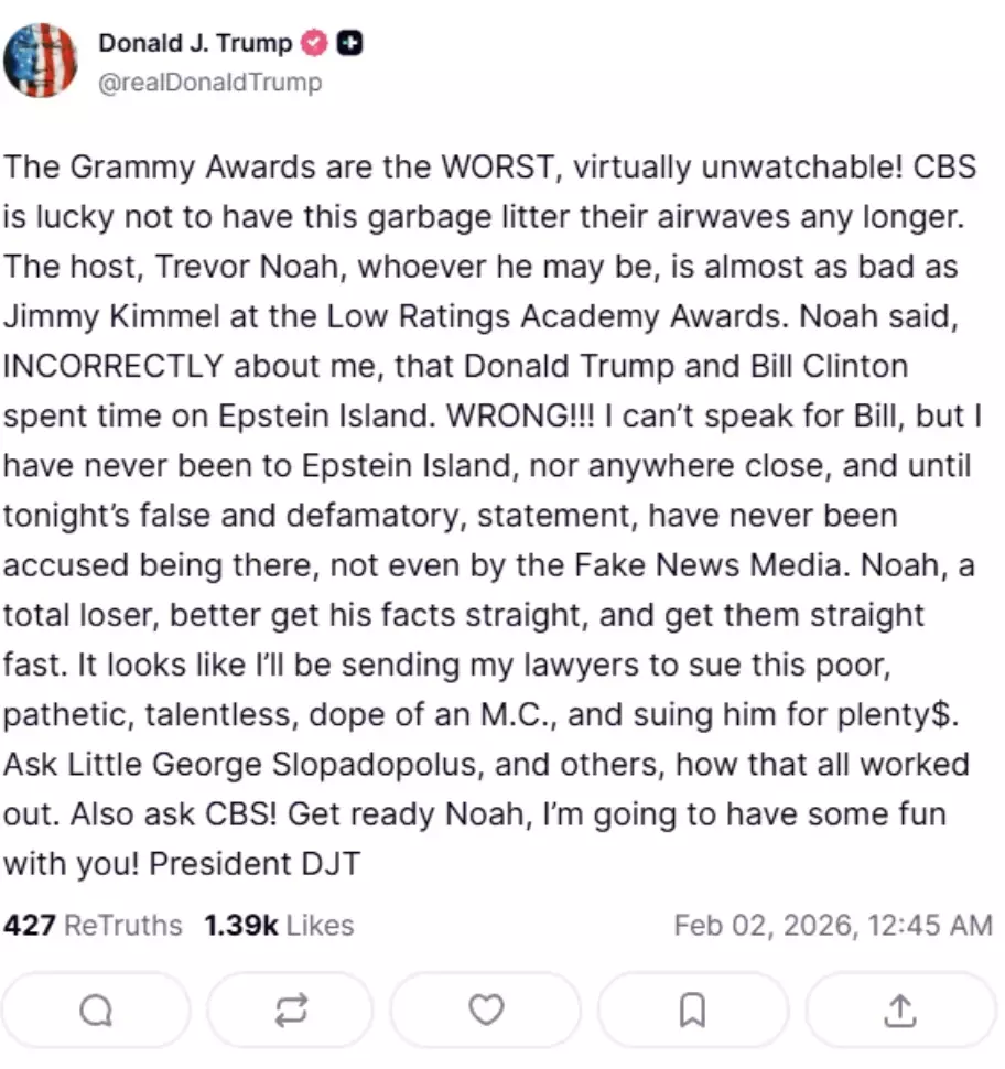 The politician threatened to take legal action against Noah (Truth Social)