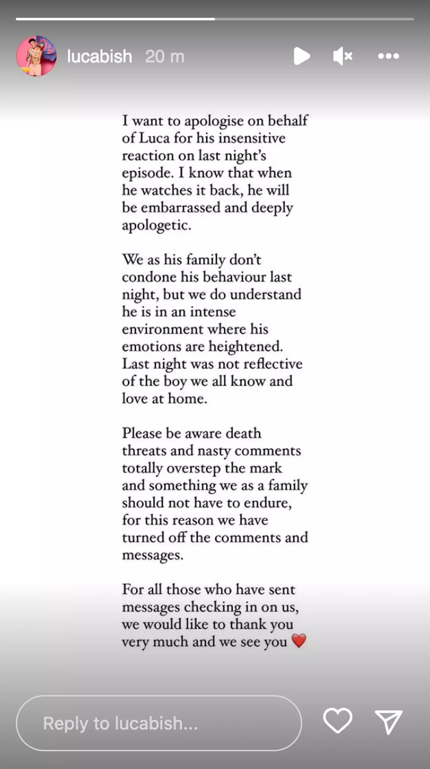 Luca's family have apologised for his actions.