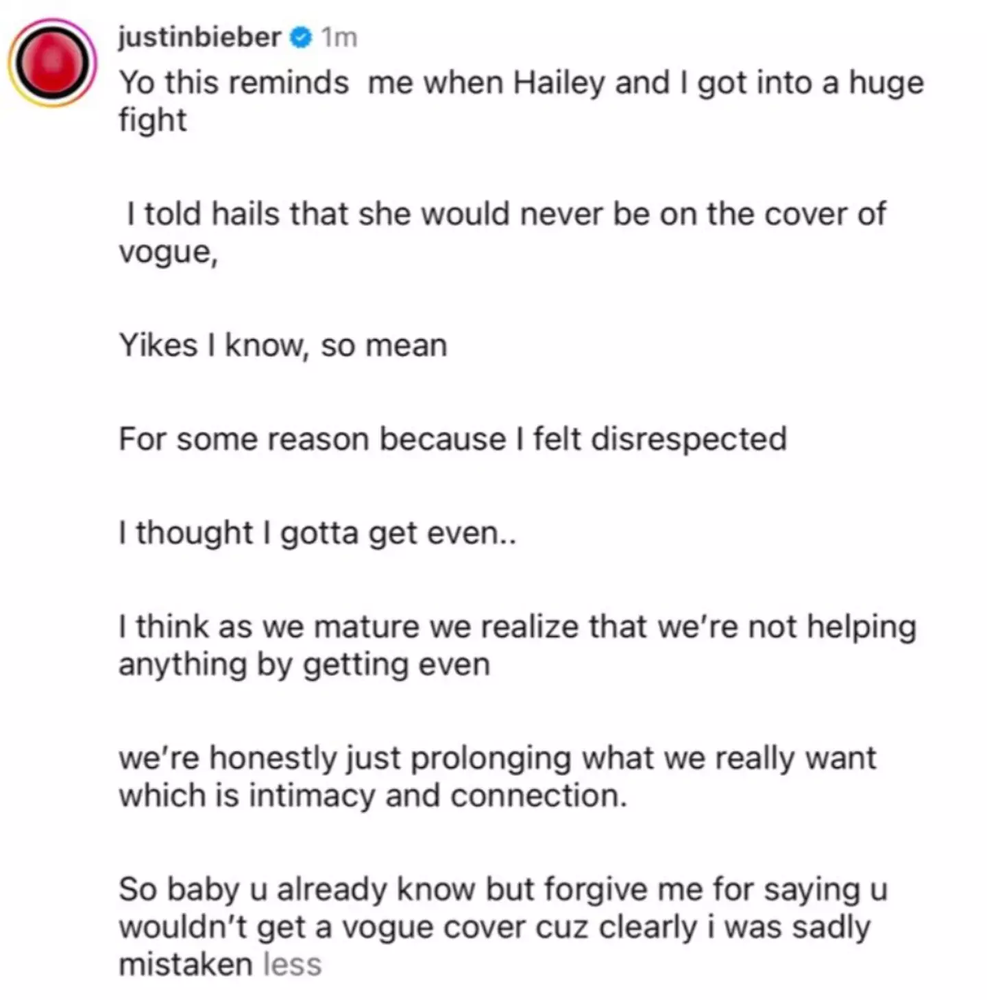 Fans were shocked by the father-of-one's 'diabolical' caption which Bieber has since removed (Instagram/@justinbieber)