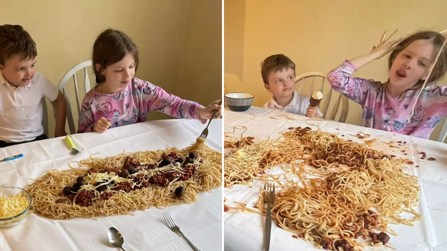 Mum avoids washing up by tipping spag bol all over dining table