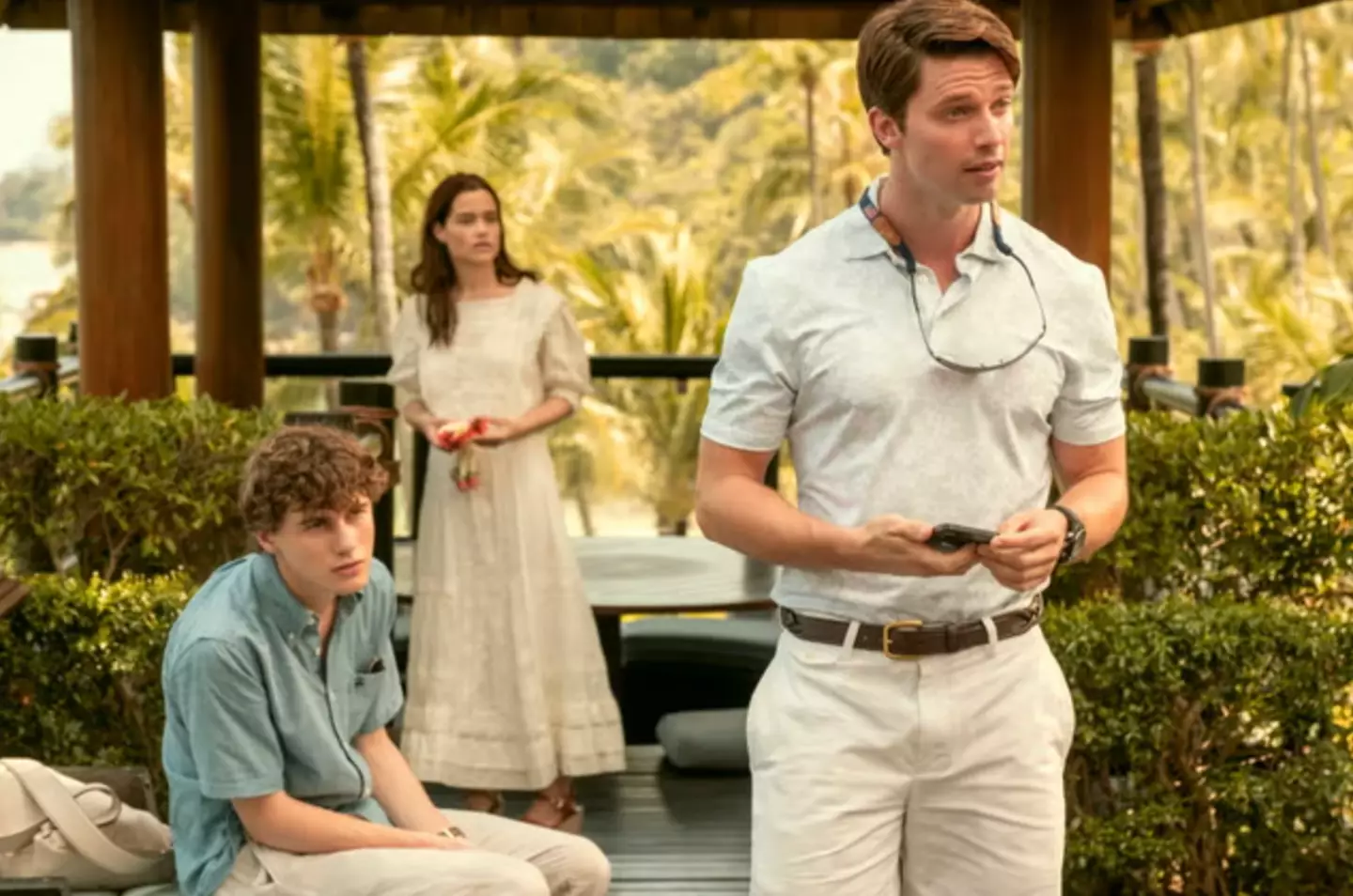 Sam Nivola, Sarah Catherine Hook, and Patrick Schwarzenegger in the third season of The White Lotus (HBO)