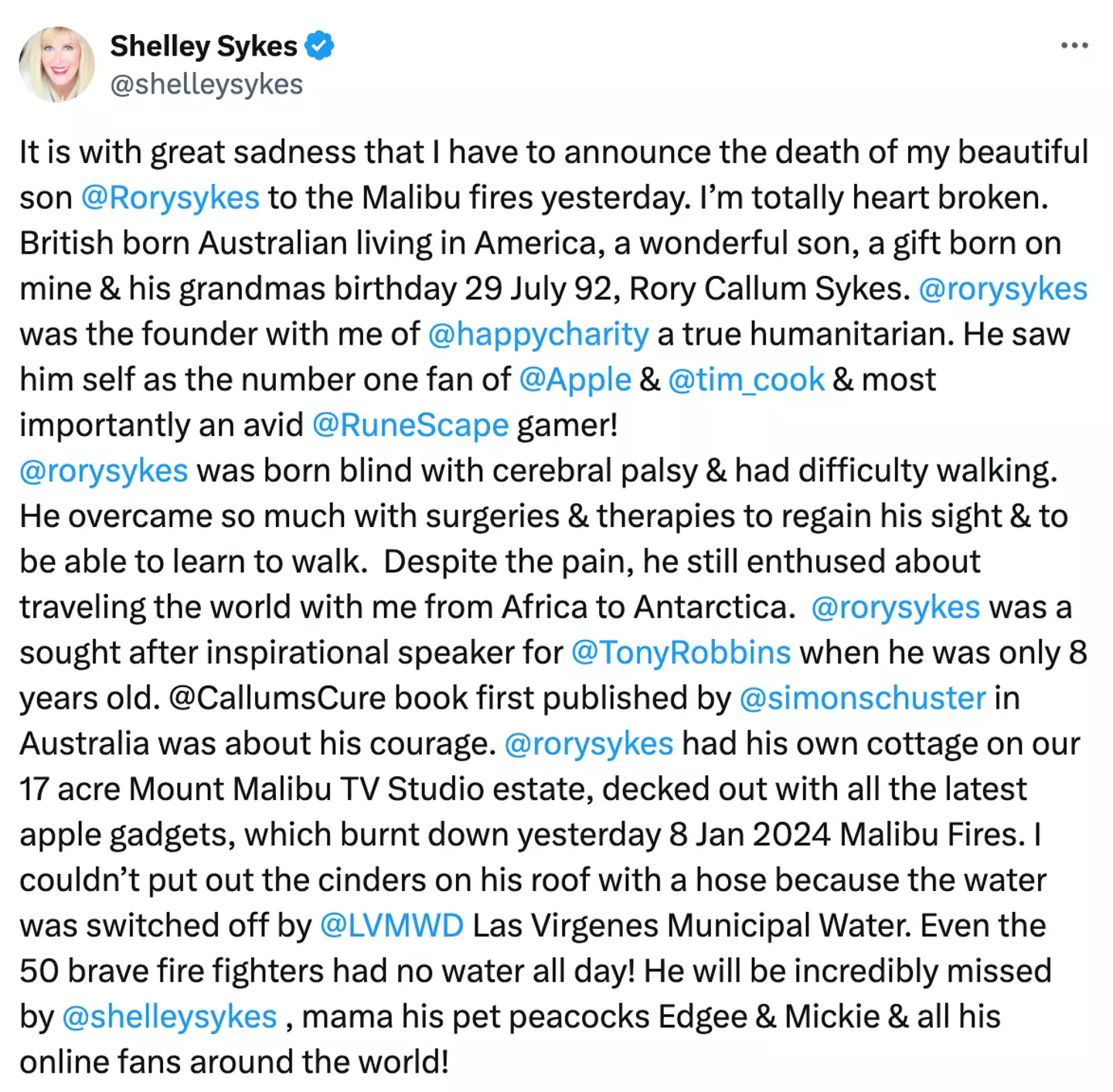 Rory's mum, Shelley, shared a statement on her son's tragic passing to social media (X/@shelleysykes)