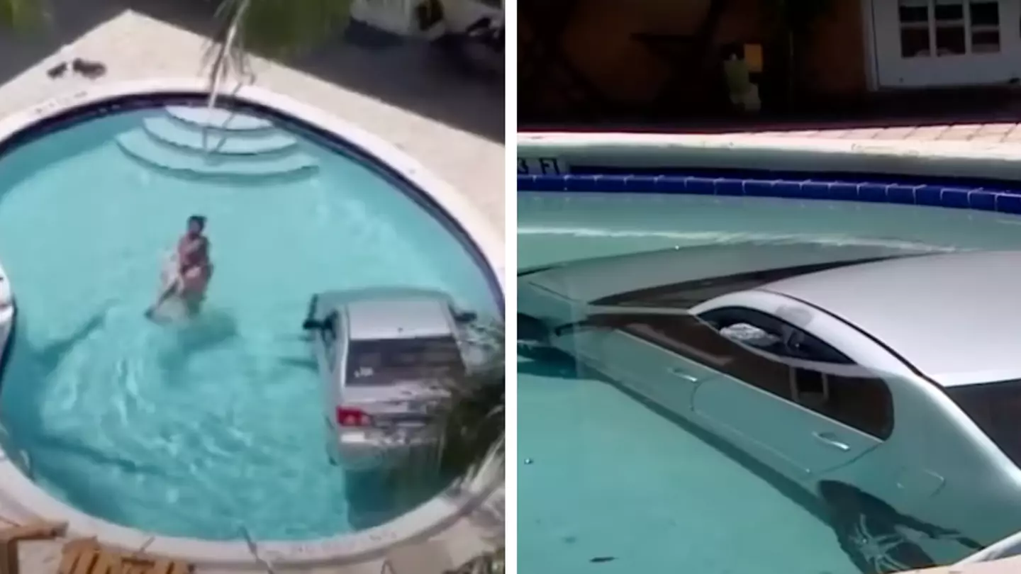Woman stunned after driving car through fence and into apartment block's pool