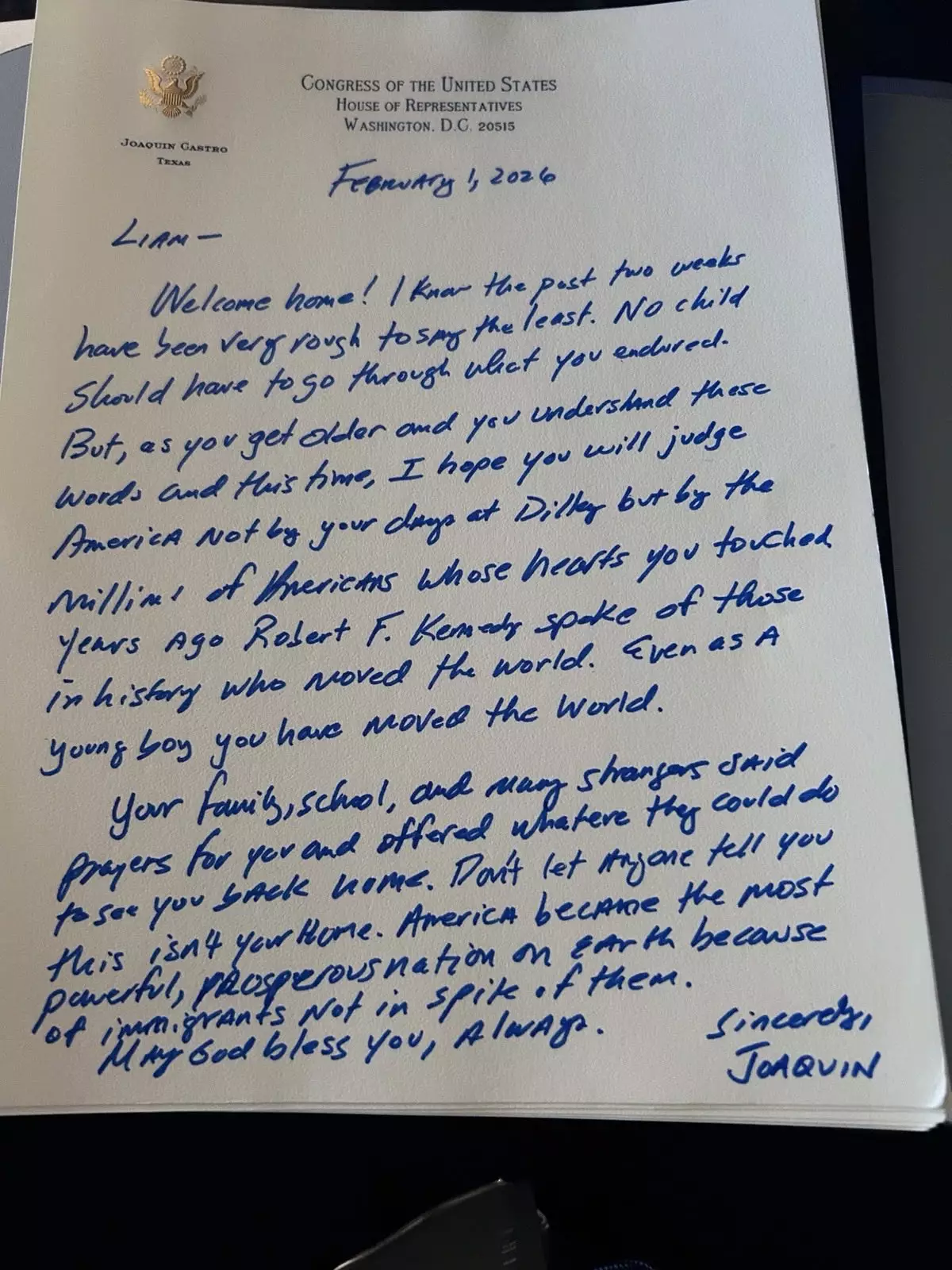 Castro shared the letter he wrote to the little one (@JoaquinCastrotx/X)