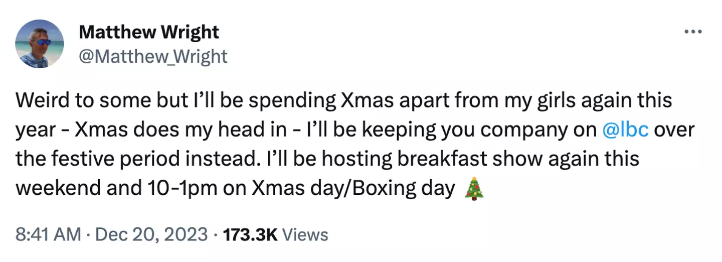 Wright took to Twitter to share his plans for Christmas.