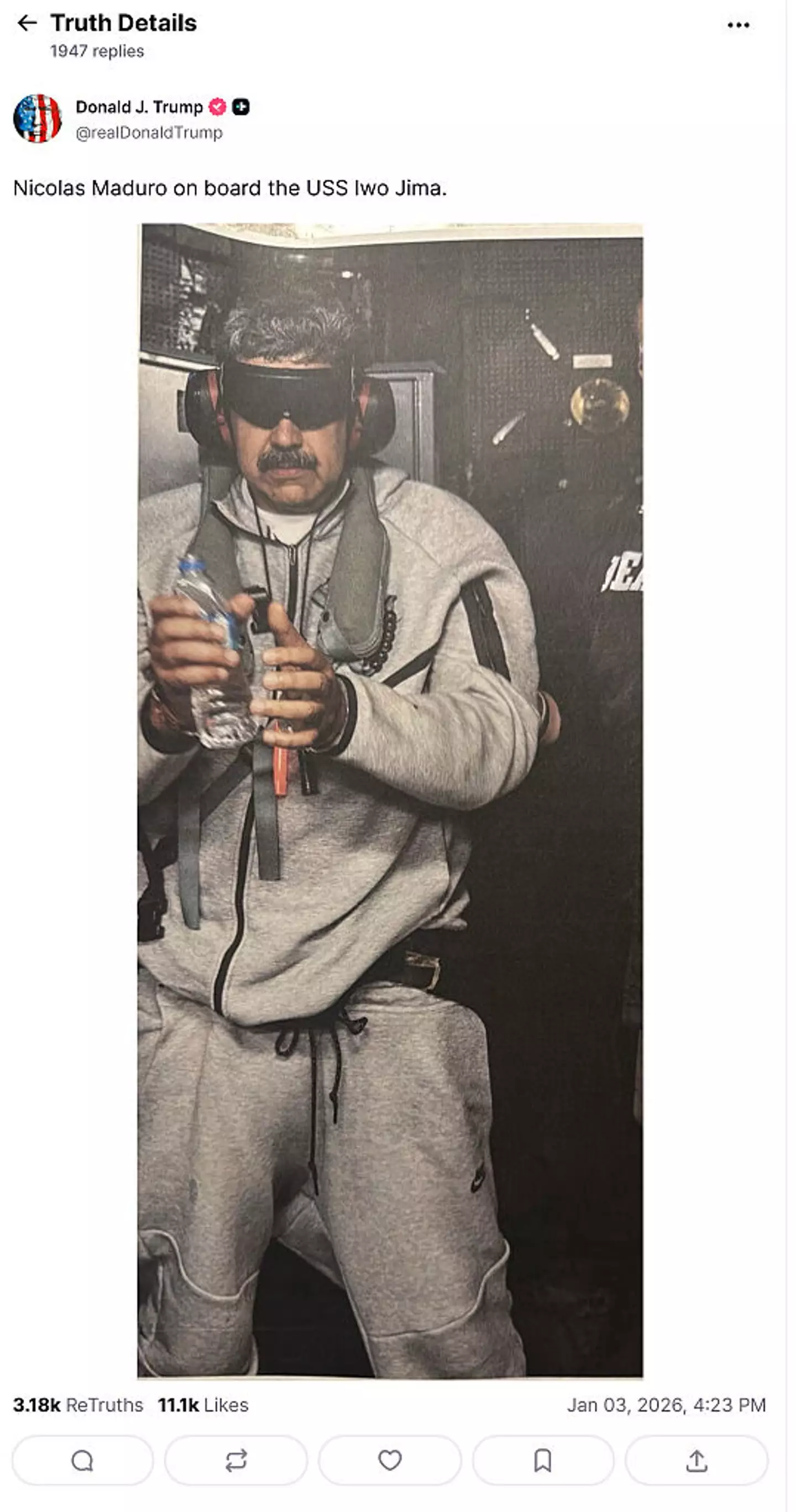 Nicolás Maduro pictured during his journey to the US after being arrested (Handout from Truth Social via Getty Images)