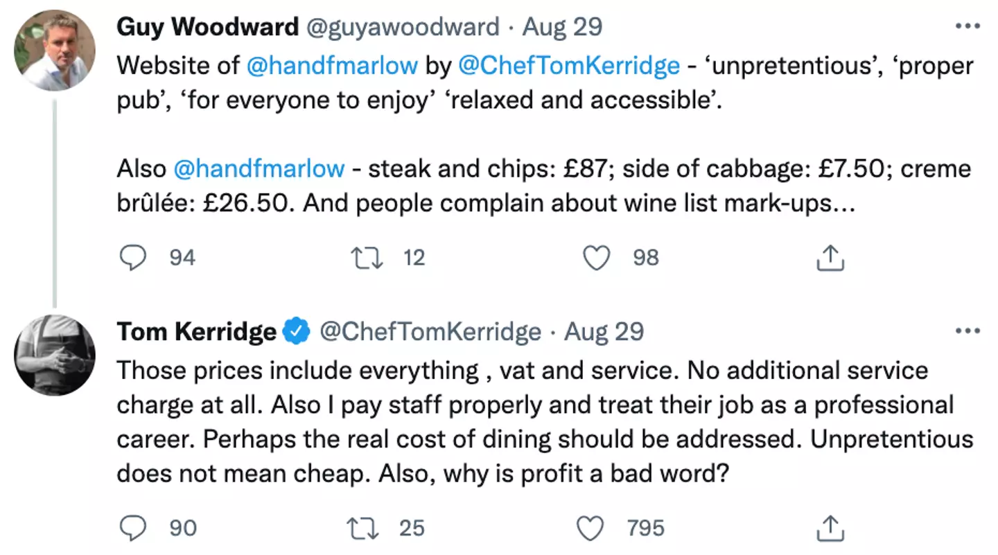 Tom Kerridge defended his prices on Twitter (