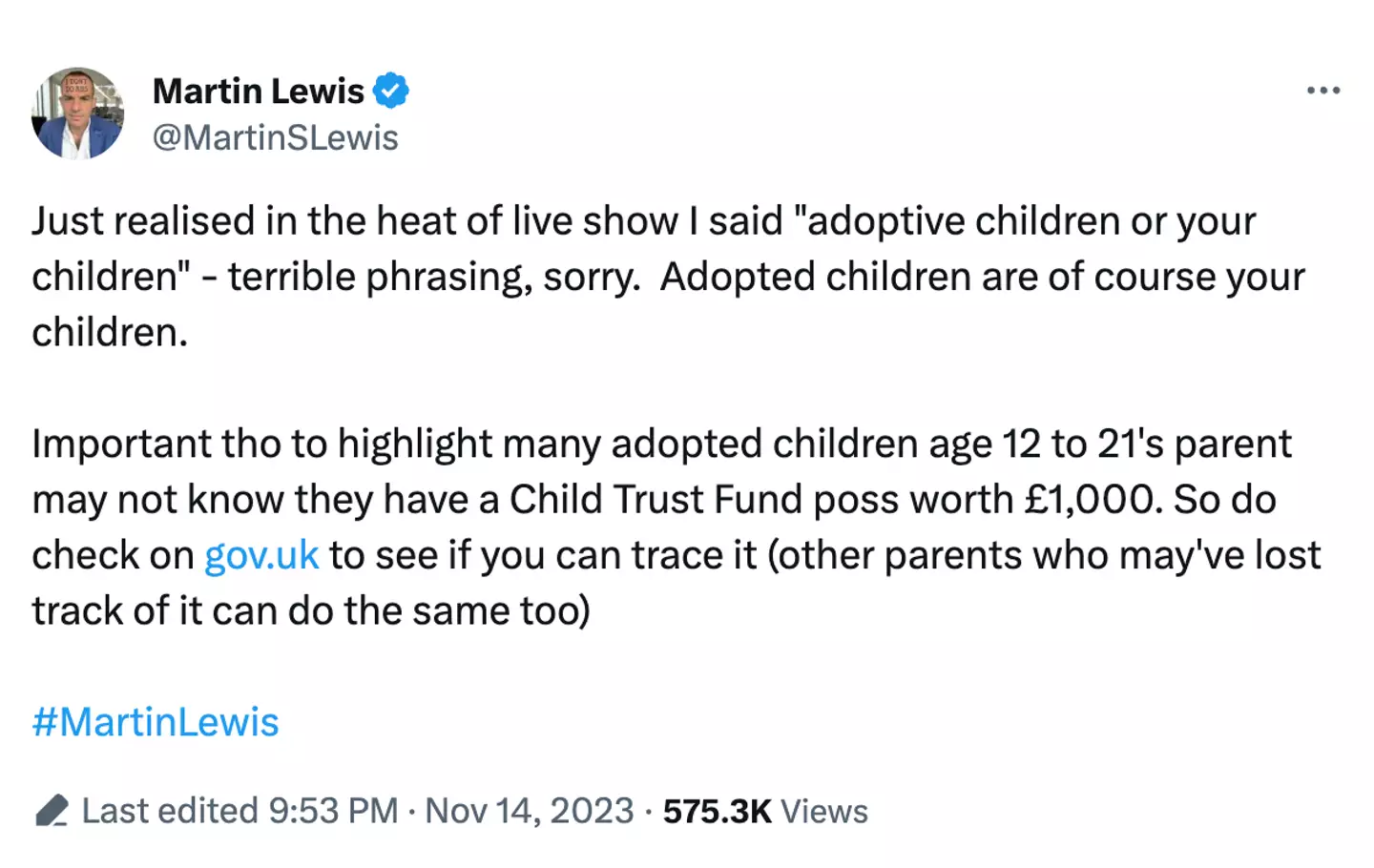 Martin Lewis took to Twitter to apologise for his 'terrible' word choice.