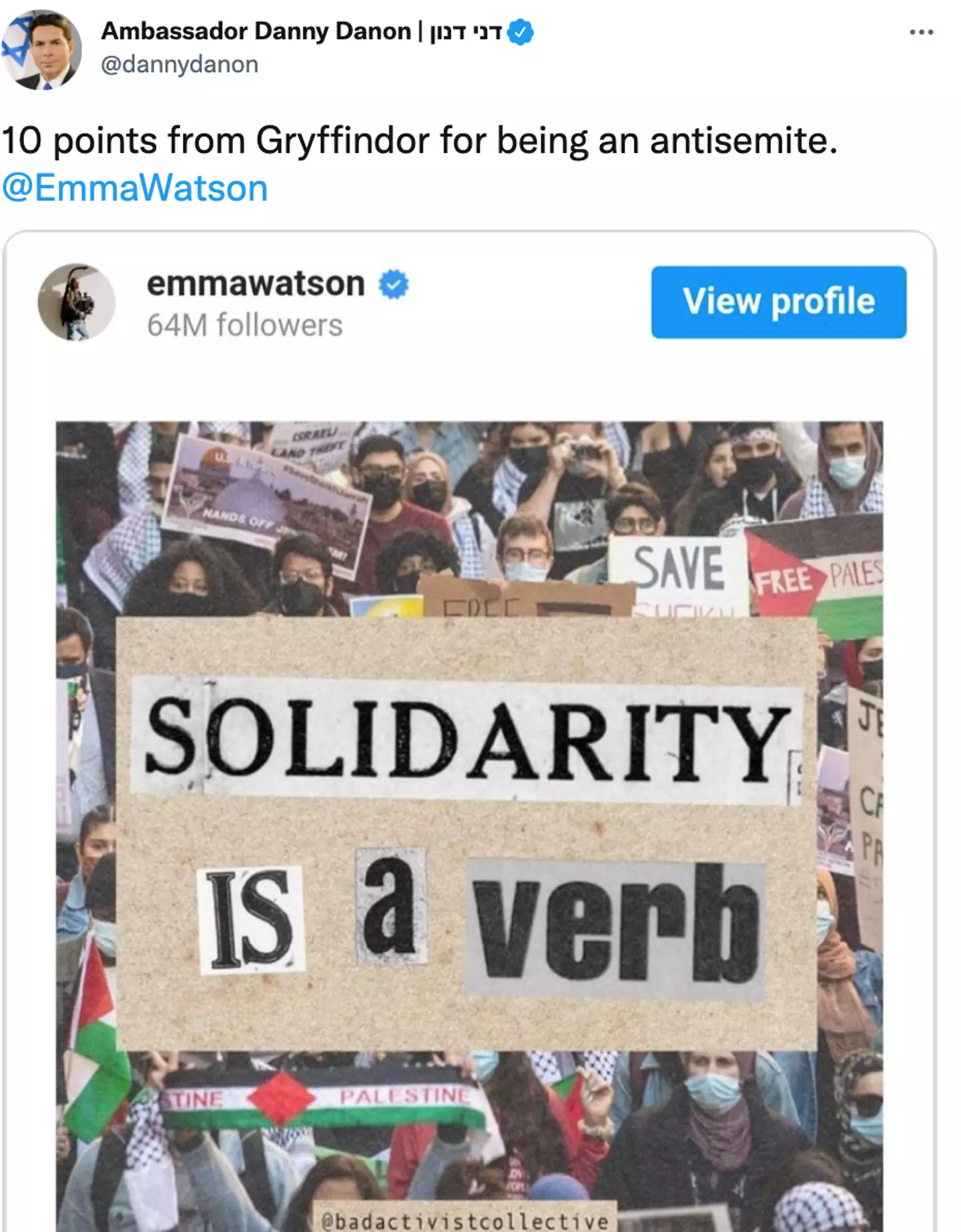 Israeli official Danny Danon shared Watson's post on Instagram (