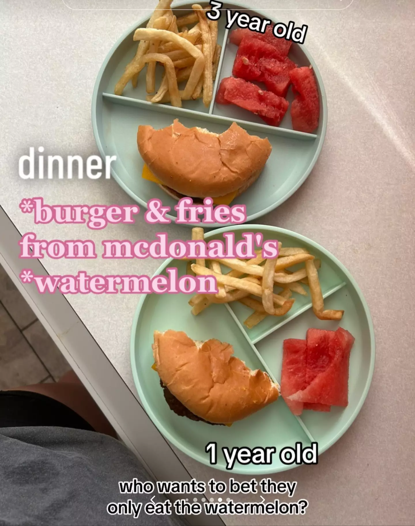 The kids were given half a burger each with fries and some watermelon for dinner.