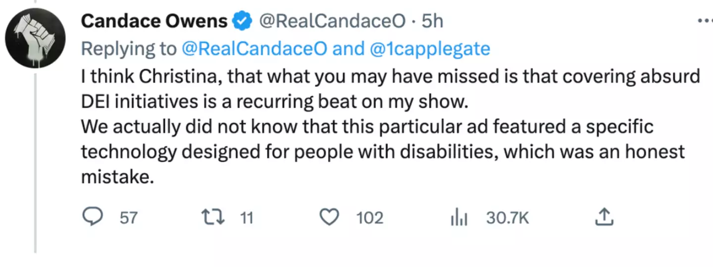 Owens said she'd made an 'honest mistake' when singling out the ad.