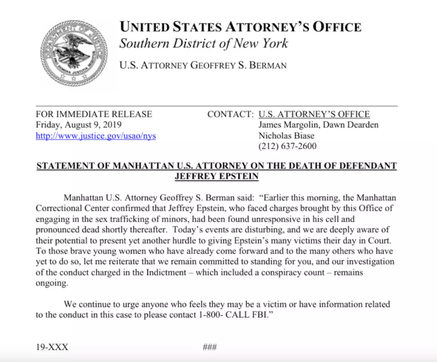 A federal statement sees Epstein’s death recorded the day before he died (US Department of Justice)
