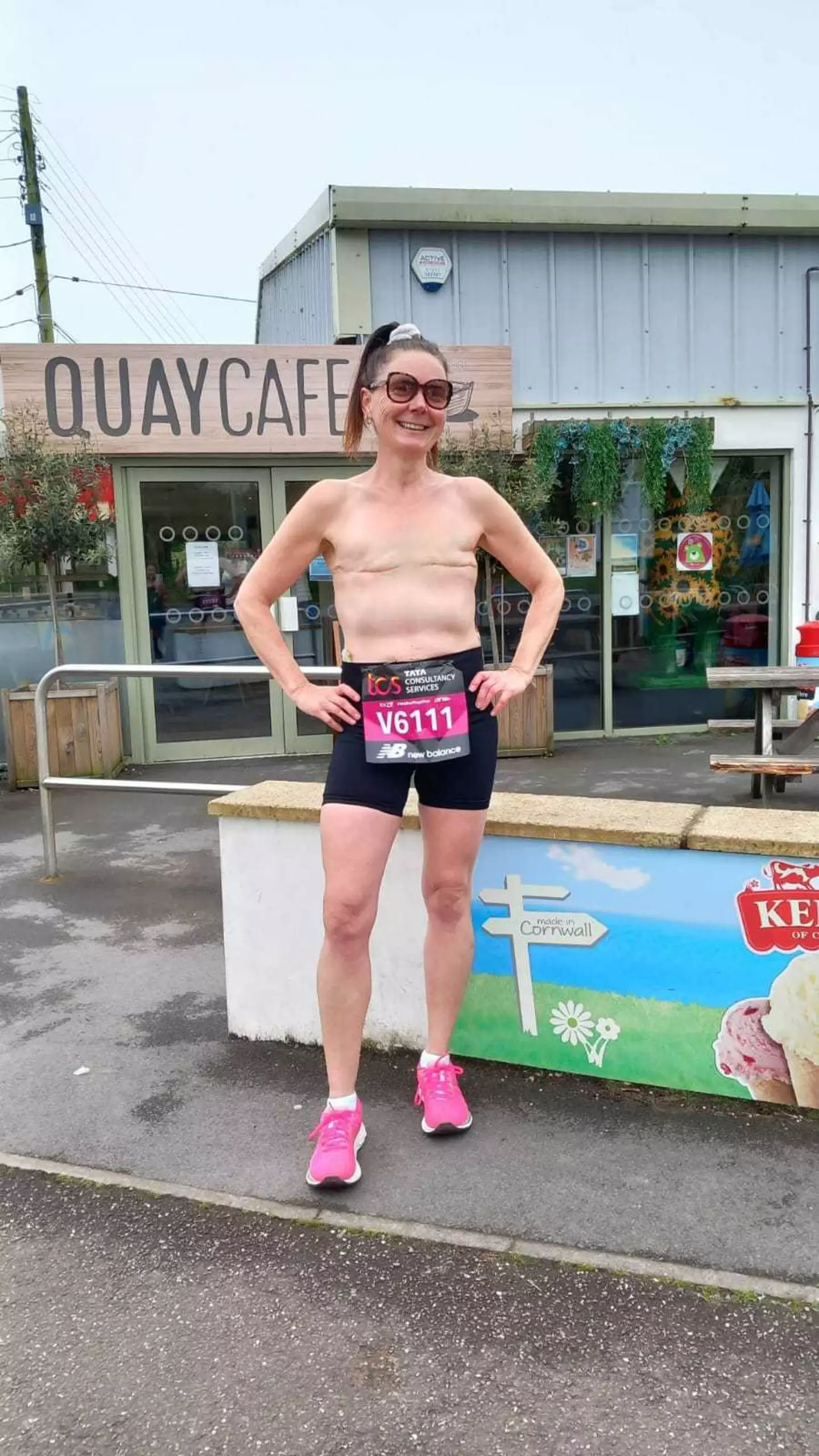 Louise ran the virtual London Marathon topless.