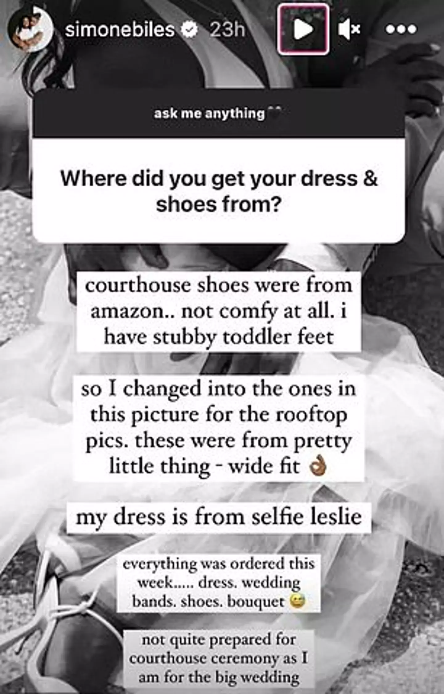 Simone Biles got her wedding dress from Selfie Leslie.