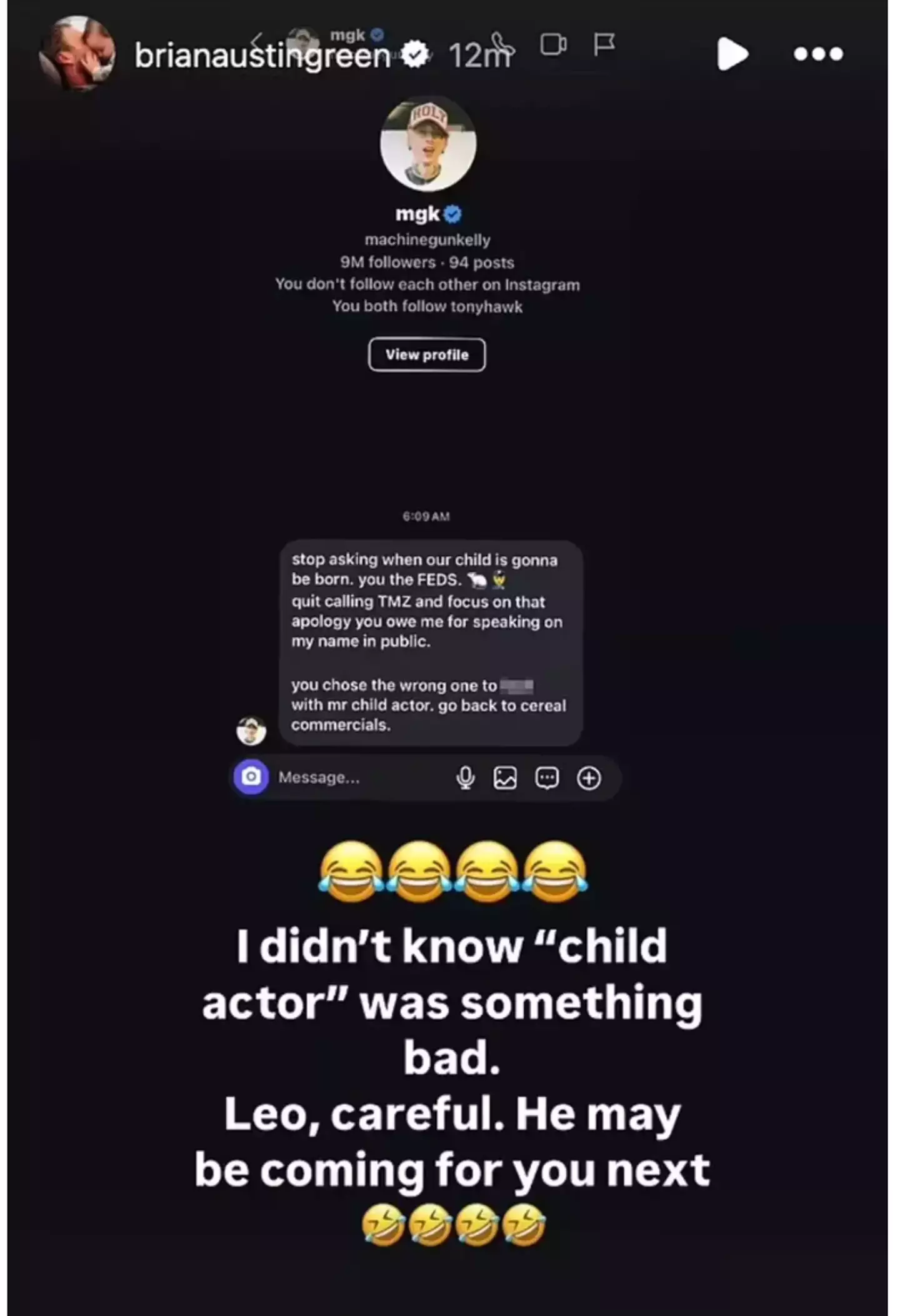Brain Austin Green shared a DM he allegedly received from Machine Gun Kelly (Instagram/@brianaustingreen)