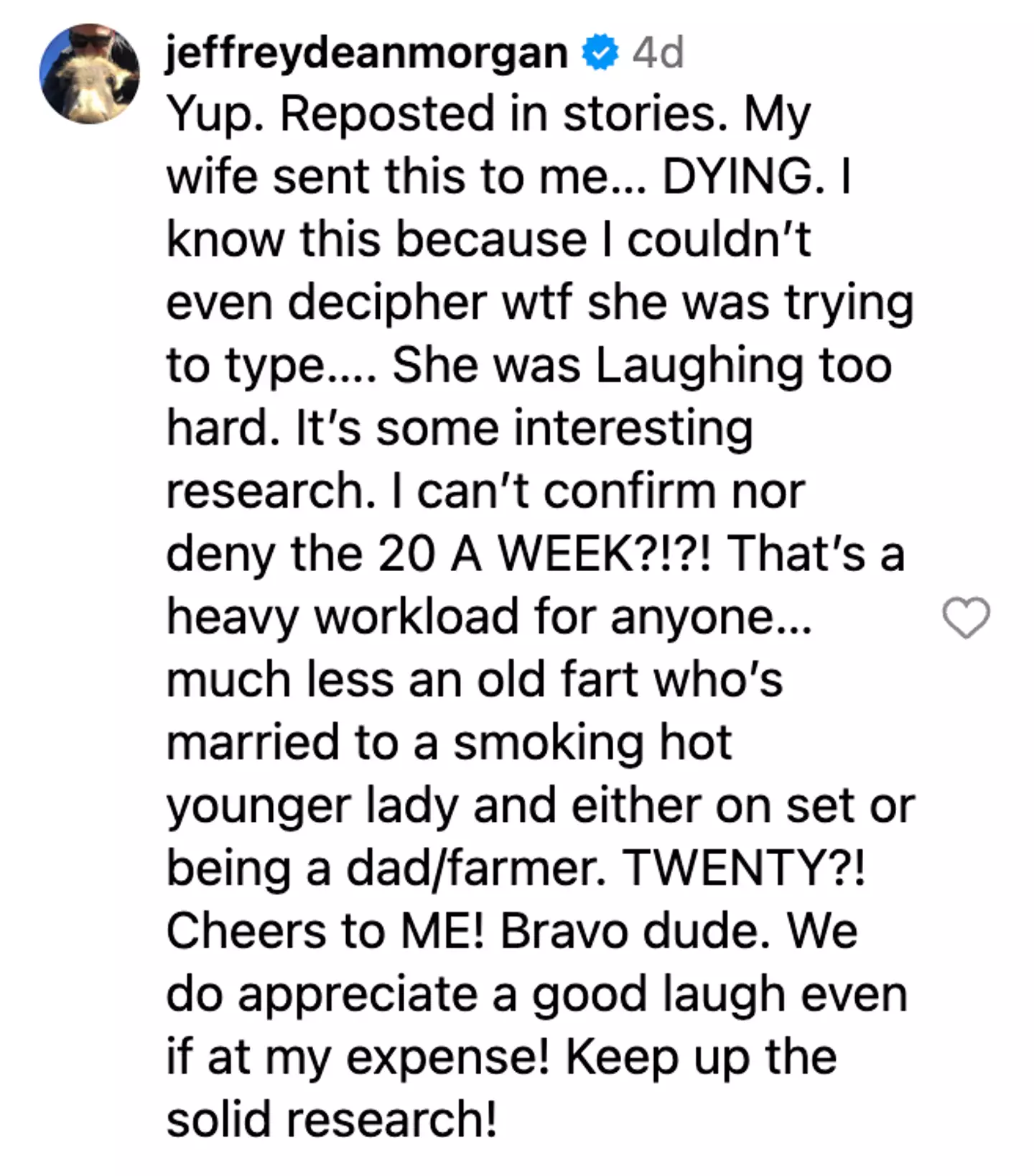 The actor, who stars as Negan on the hit AMC series, reposted the NSFW fan theory to his Instagram Stories (Instagram/@jeffreydeanmorgan)