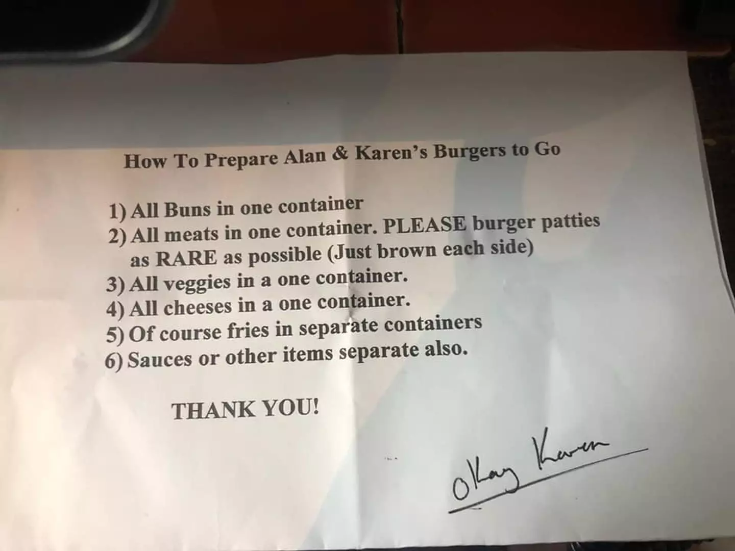 One couple sent a list of requirements for their burgers (