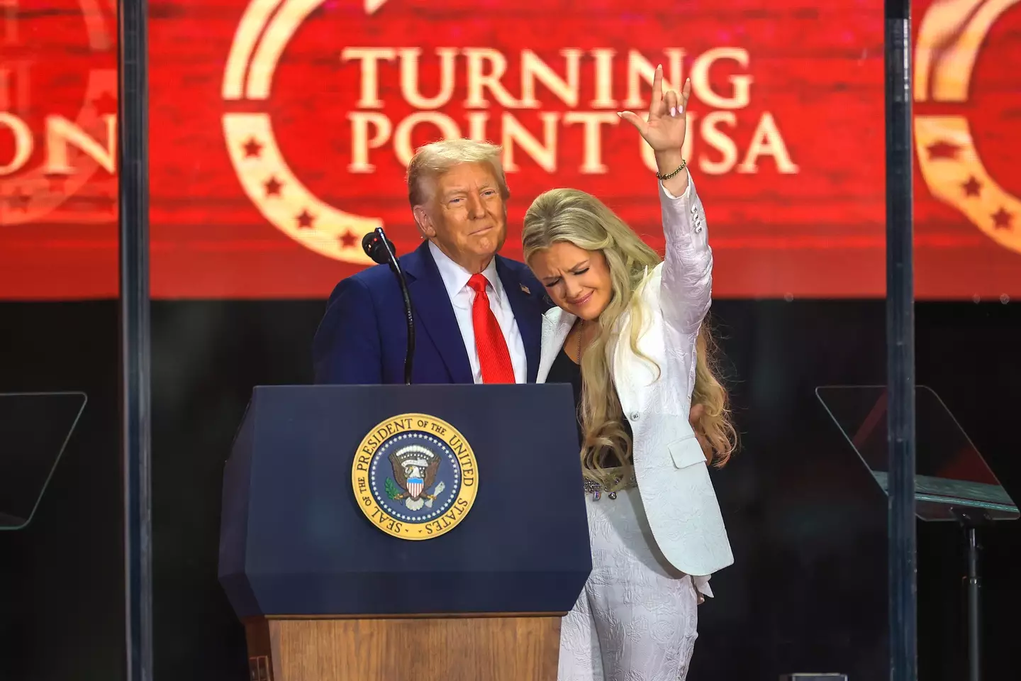 Many critics noticed that neither Donald Trump or Charlie Kirk's widow Erika were wearing black (Joe Raedle/Getty Images)