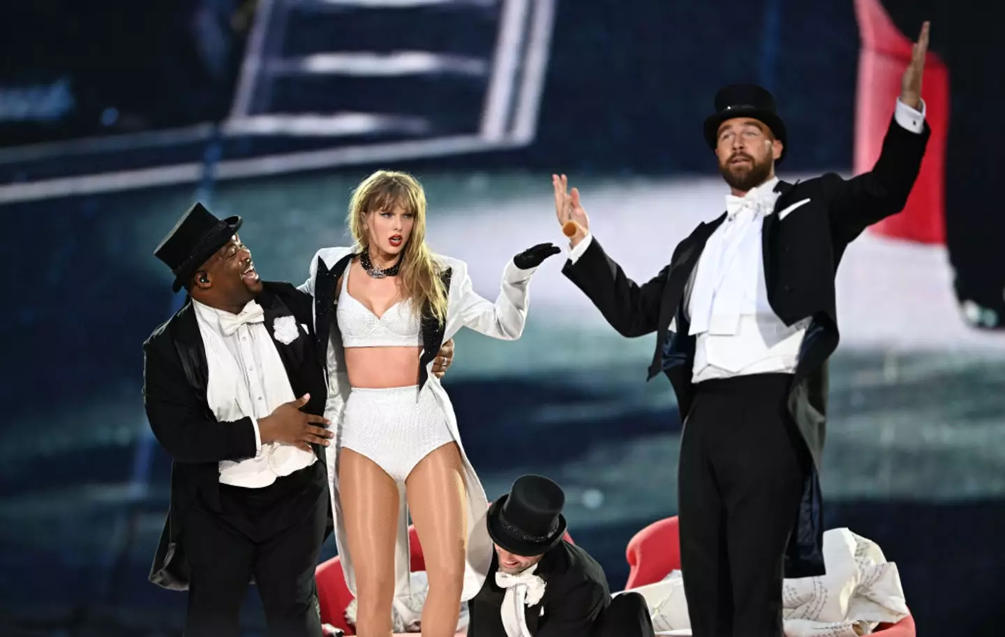 Taylor brought Travis out during her show at London’s Wembley Stadium on Sunday (23 June). (Gareth Cattermole/TAS24 / Contributor / Getty Images)