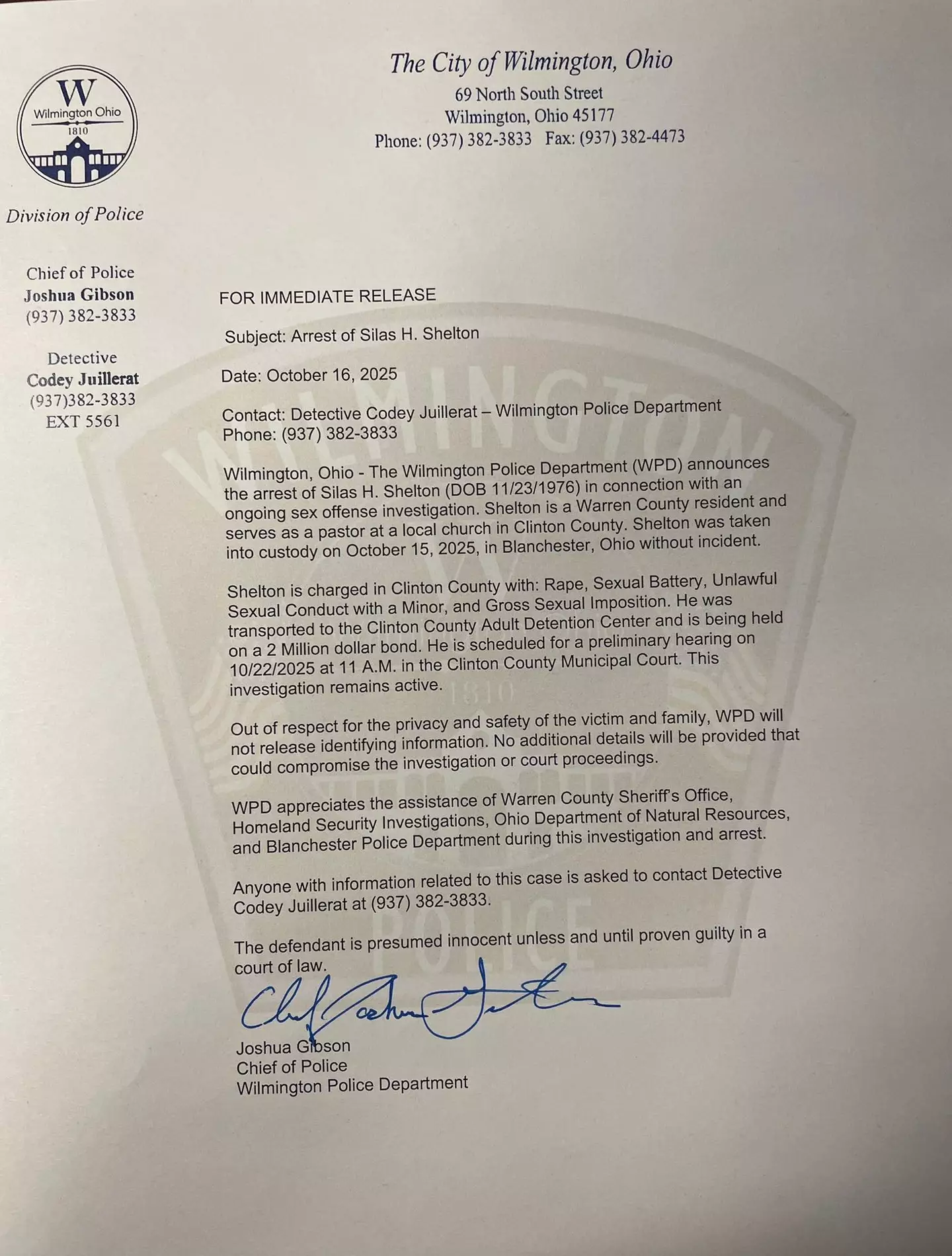 Shelton was held on a $2 million bond in a Clinton County jail (Wilmington Police Department)