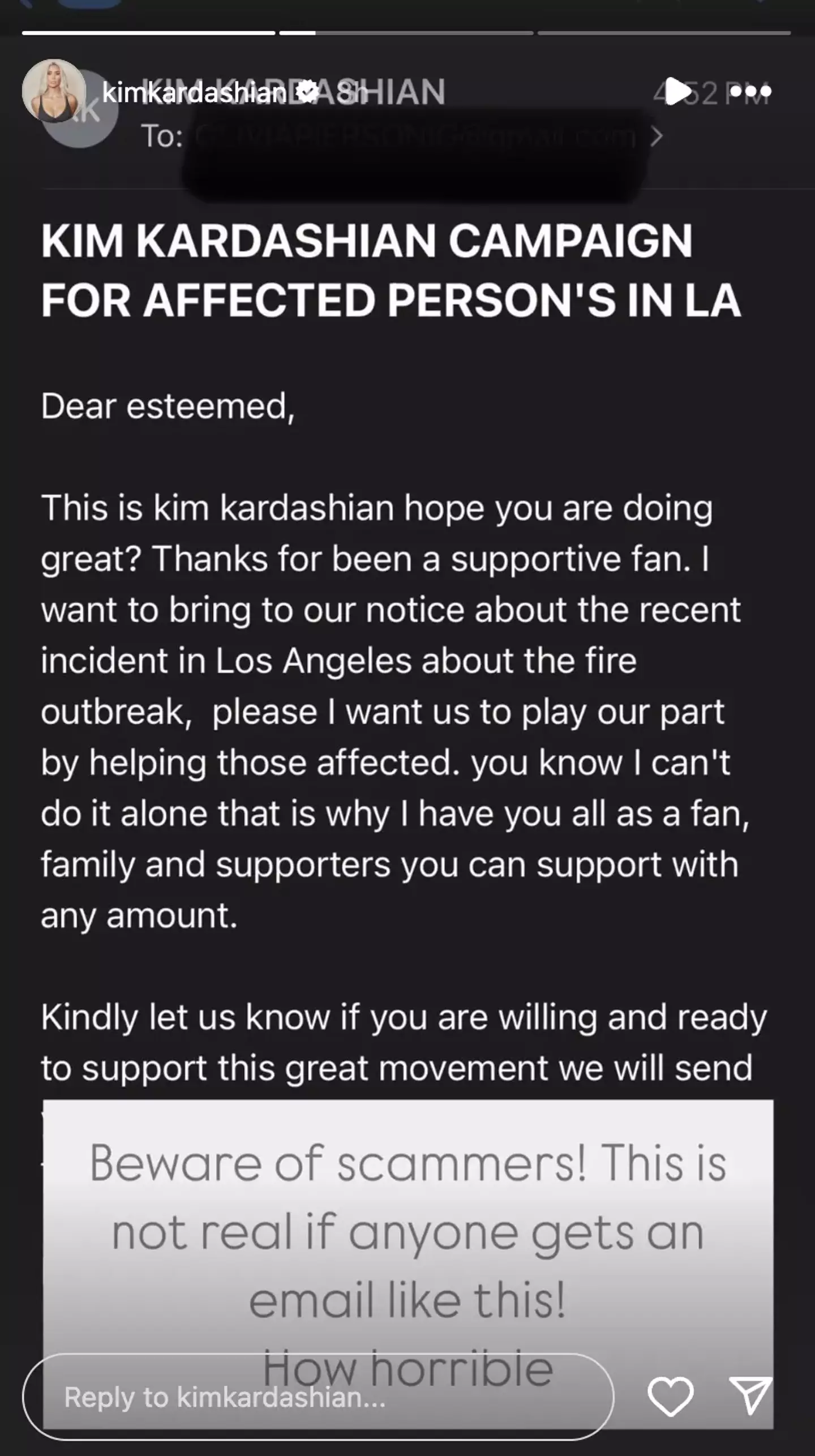 Kim Kardashian took to Instagram to warn over 'horrible' scammes (Instagram/@kimkardashian)