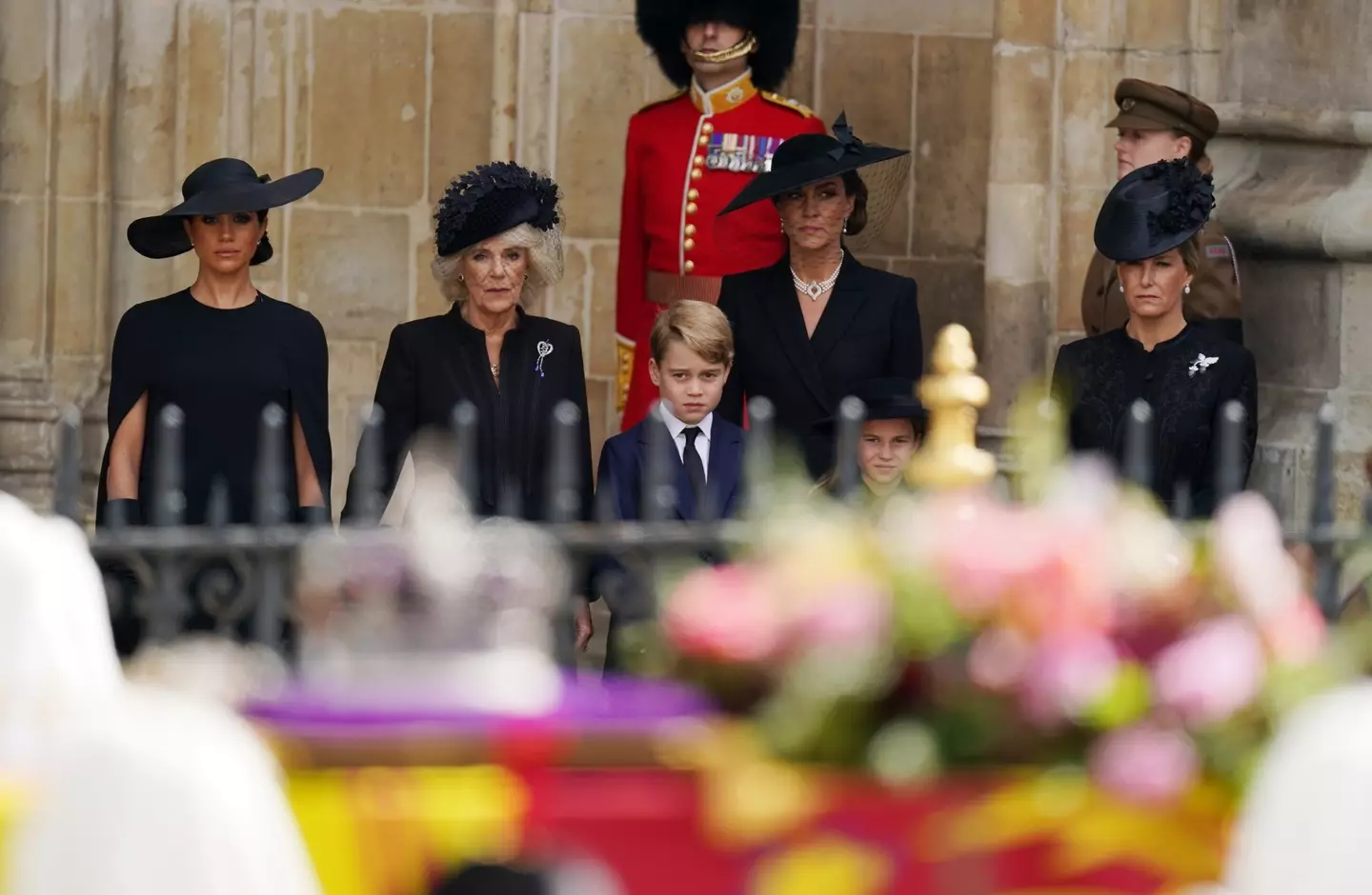 The Duchess of Sussex, the Queen Consort, Prince George, the Princess of Wales, Princess Charlotte and the Countess of Wessex.