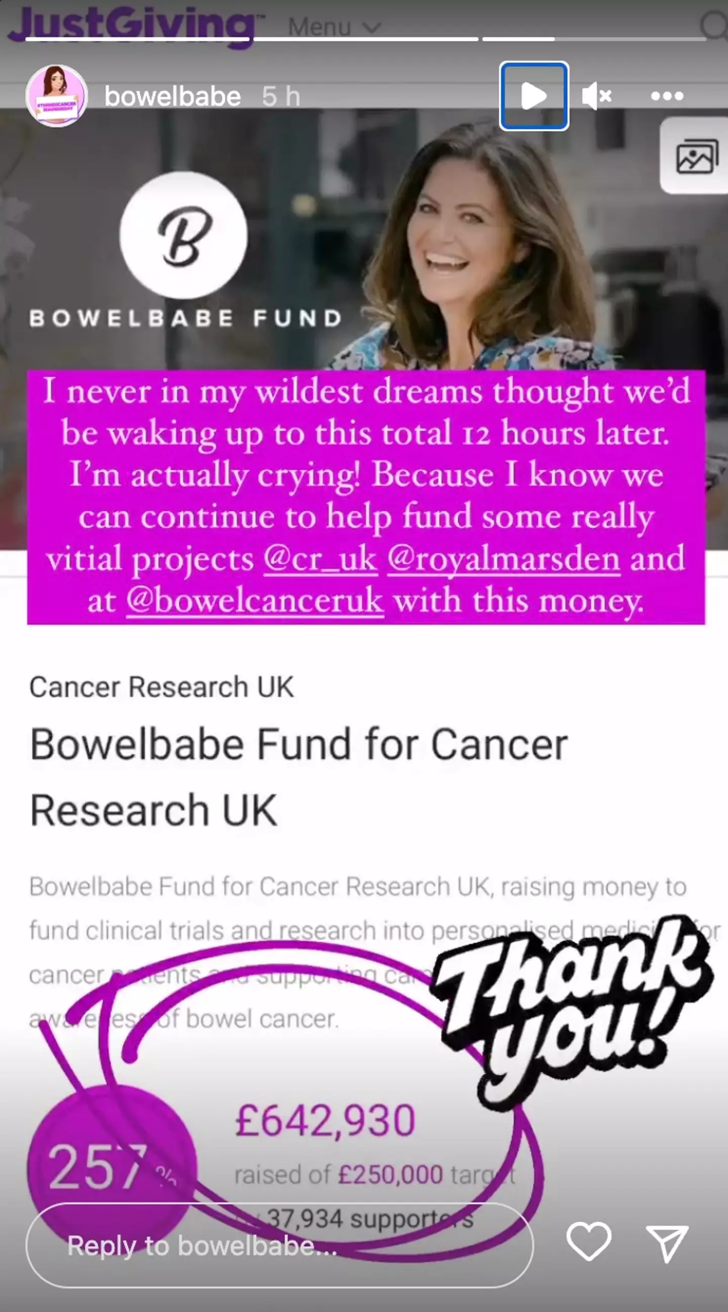 Her followers have helped to raise over £600K for her fund which will be donated to Cancer Research UK.