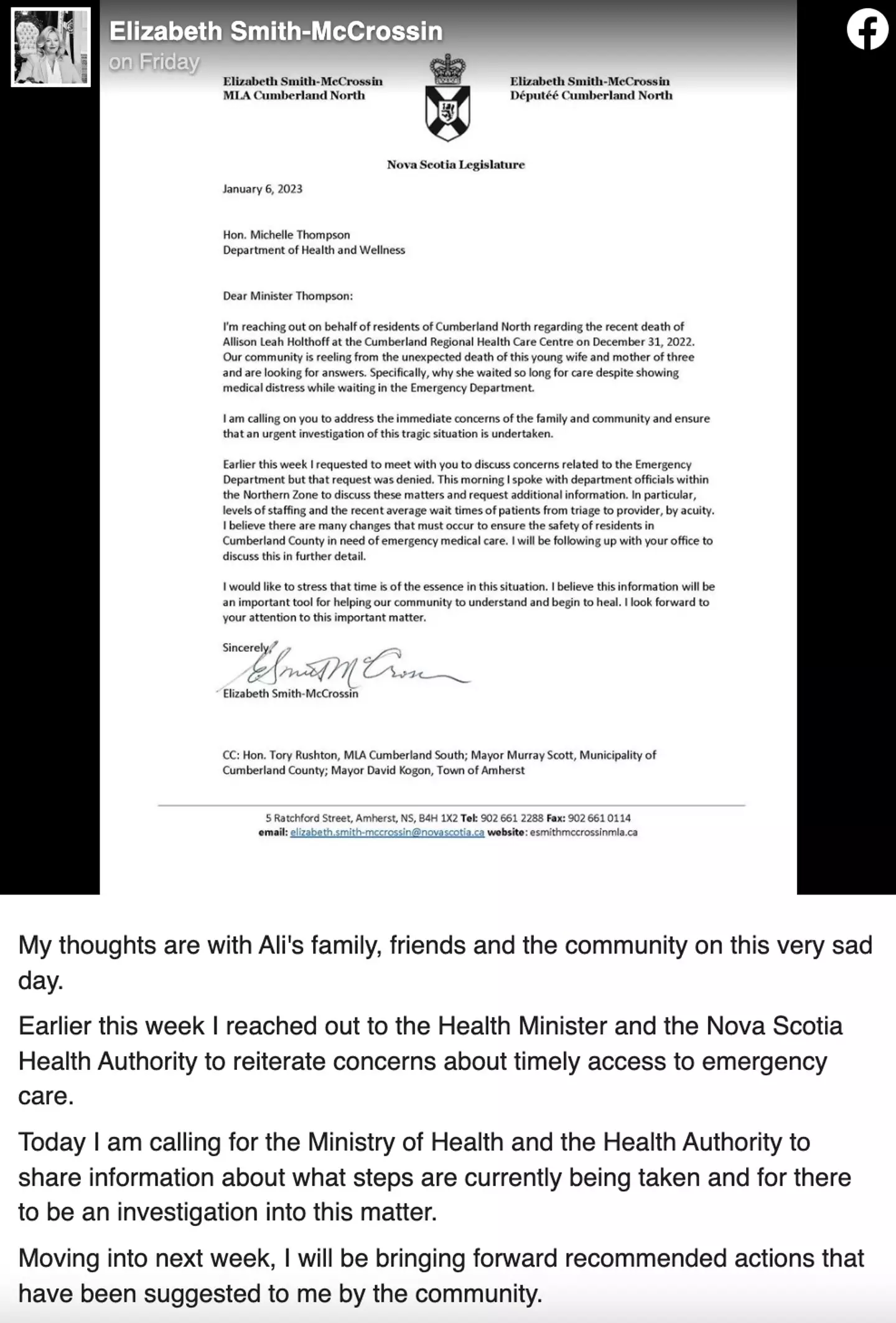 Elizabeth Smith-McCrossin has reached out to the Health Minister and Nova Scotia Health Authority to express concerns about emergency care.