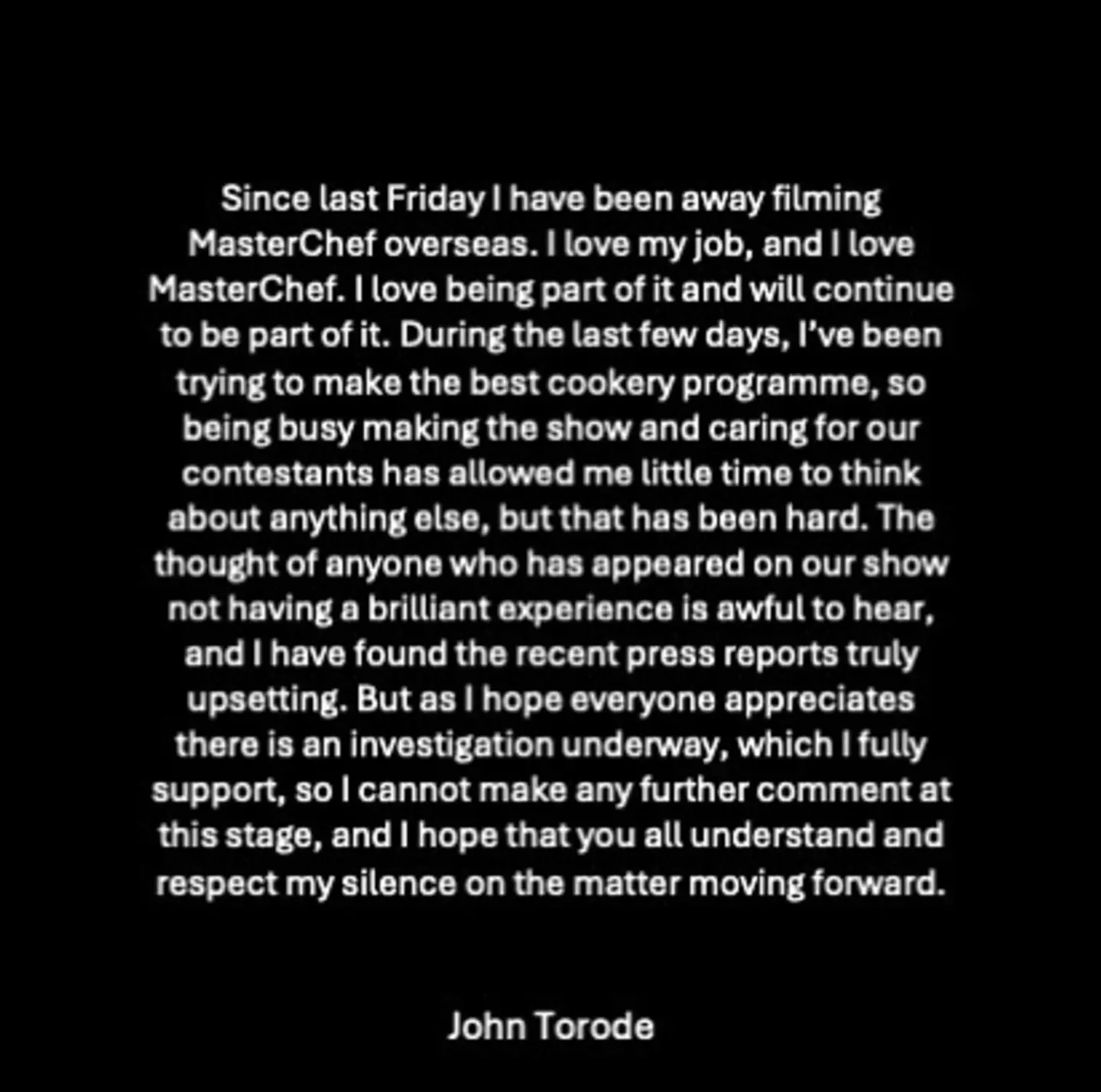 Torode has issued a statement on the matter (Instagram/@johntorodecooks)