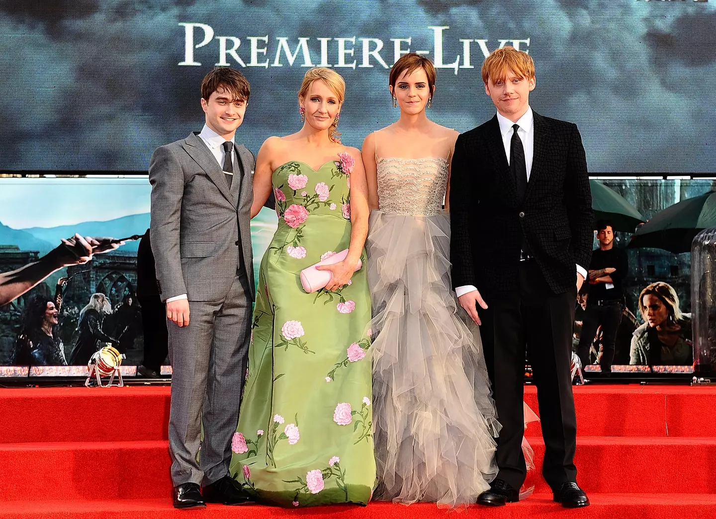 Radcliffe and his Harry Potter co-stars with JK Rowling.