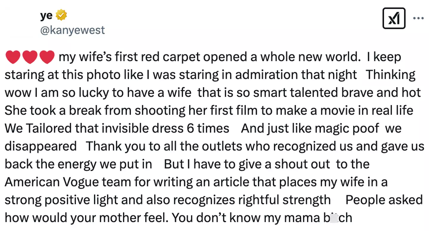 West previously issued a statement on social media praising his wife Censori (X/@kanyewest)