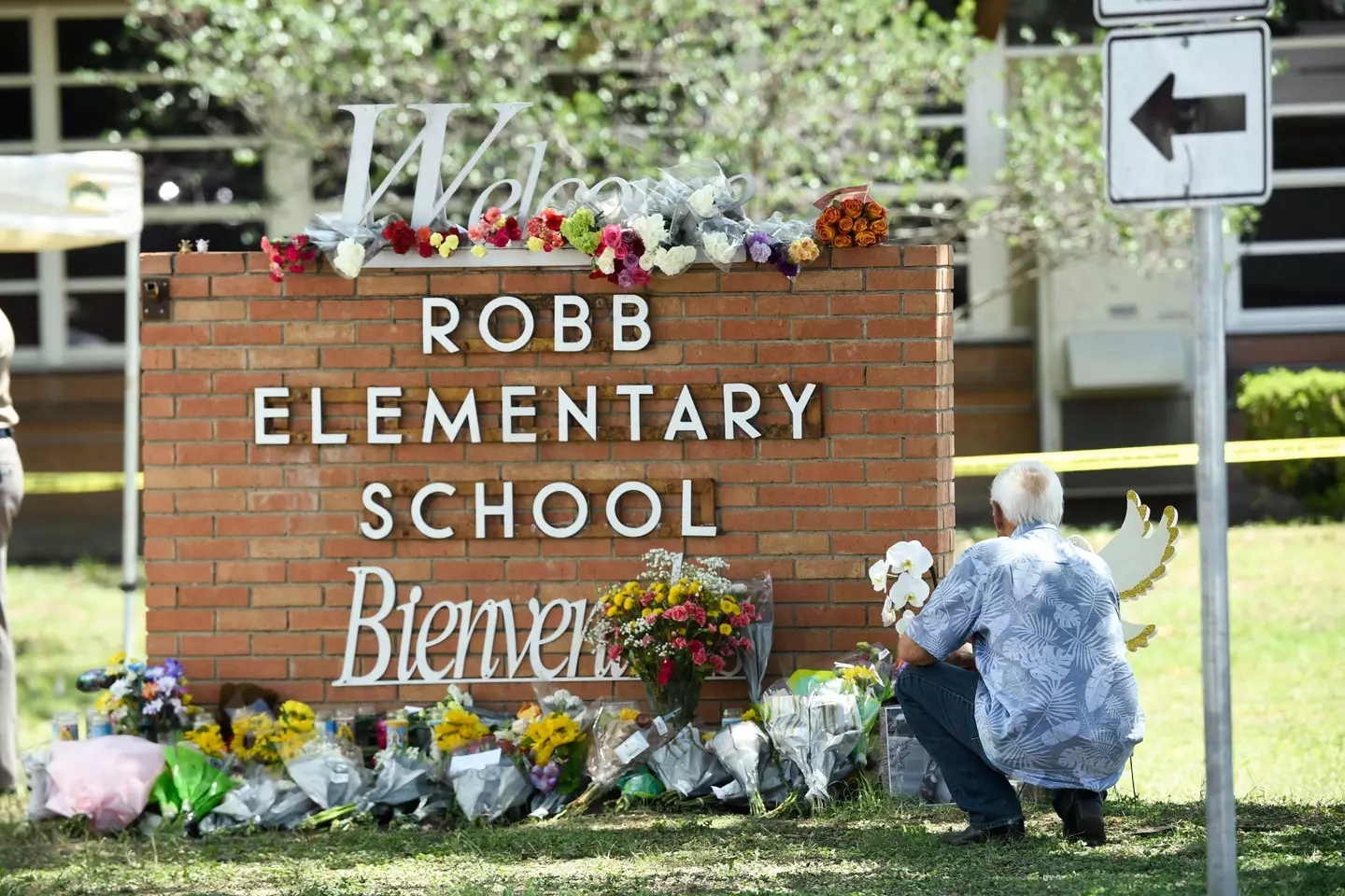 People have left tributes at Robb Elementary School. (