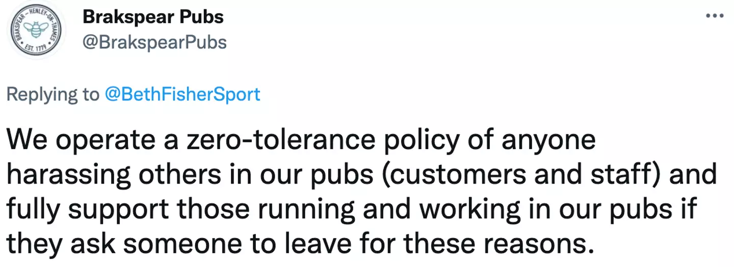 The pub released a statement on Twitter (